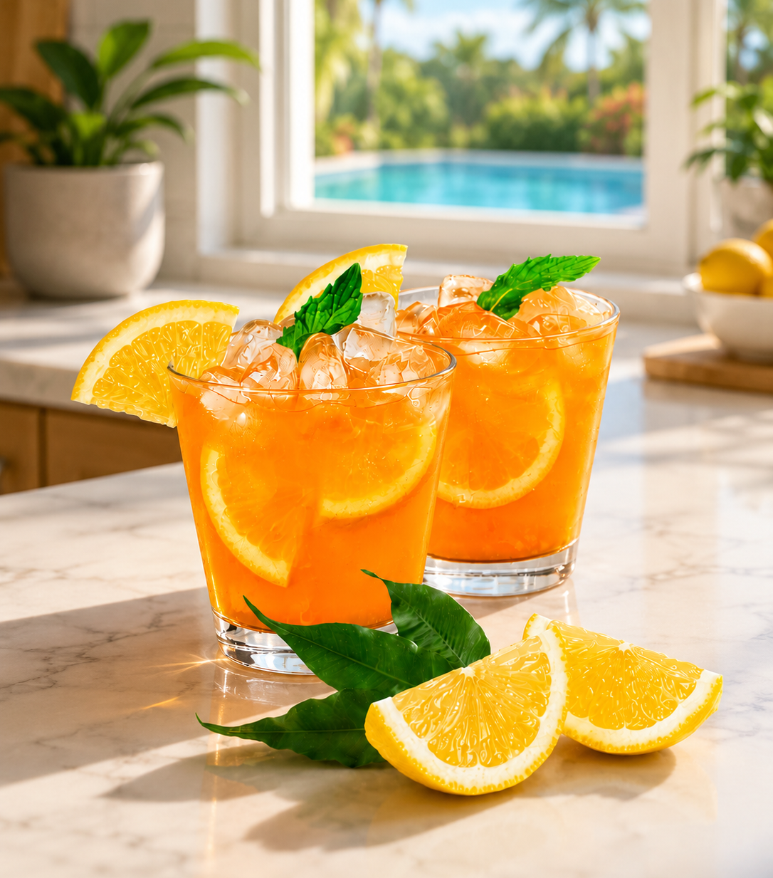 Two refreshing tropical drinks with ice, garnished with lemon slices and mint, sit on a marble countertop, with a sunny pool and palm trees visible through a window in the background.