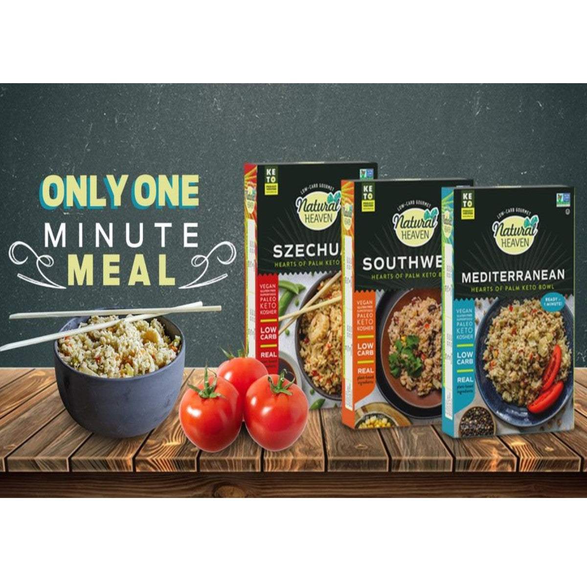 A bowl of riced hearts of palm pasta is displayed with chopsticks, alongside three boxes of Natural Heaven's keto meals labeled Szechuan, Southwest, and Mediterranean, with fresh tomatoes on a wooden table.