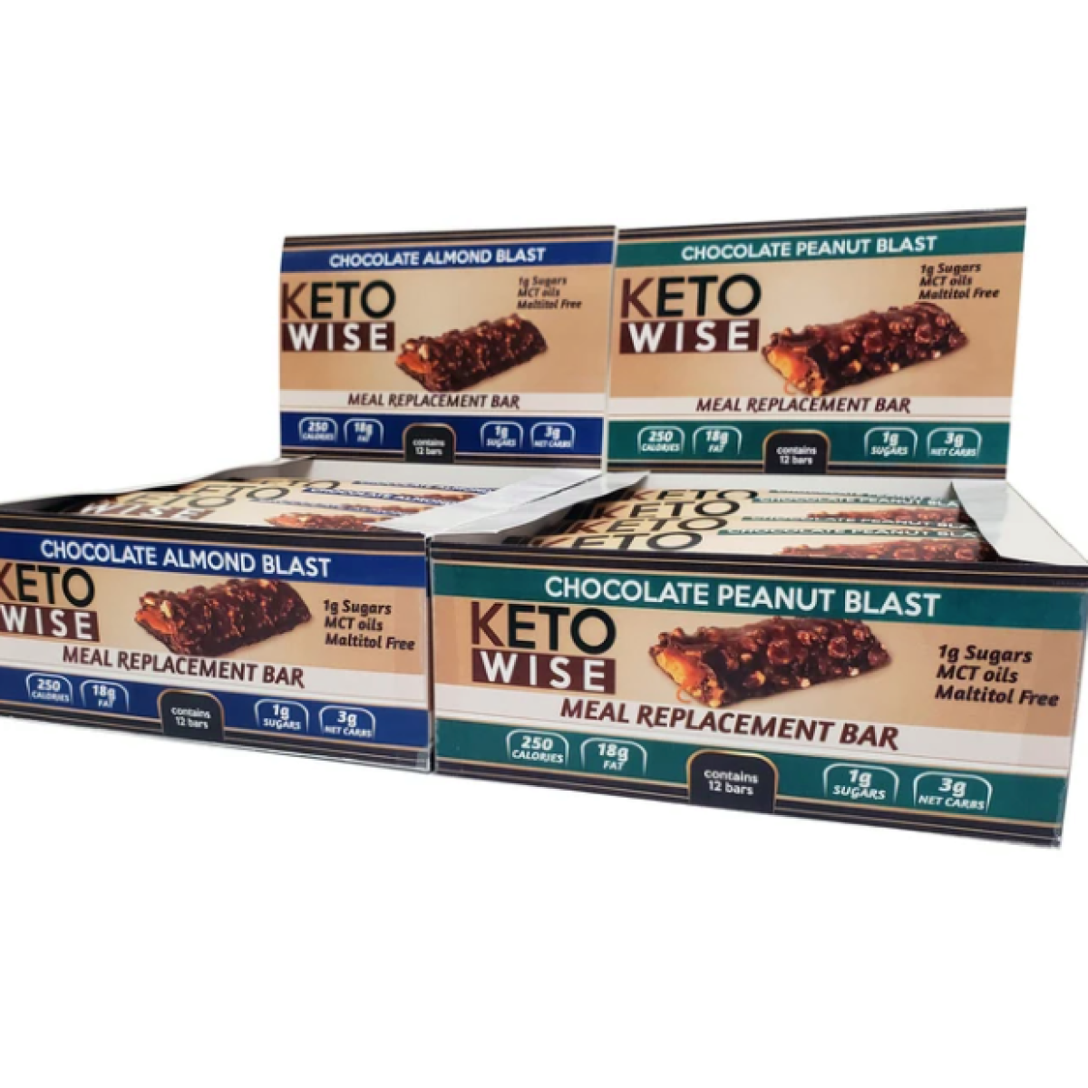 Four boxes of Keto Wise meal replacement bars are stacked, featuring flavors "Chocolate Almond Blast" and "Chocolate Peanut Blast," each highlighting low sugar and calorie content.