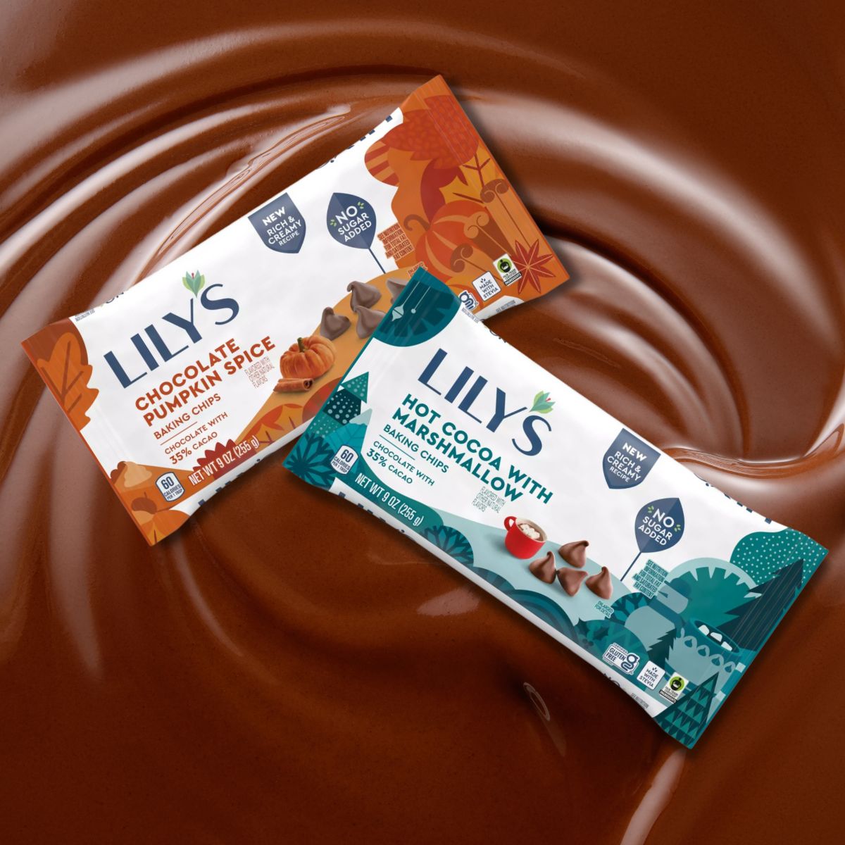 Two packages of Lily's baking chips, one labeled "Chocolate Pumpkin Spice" and the other "Hot Cocoa with Marshmallow," are placed on a smooth, rich chocolate background.