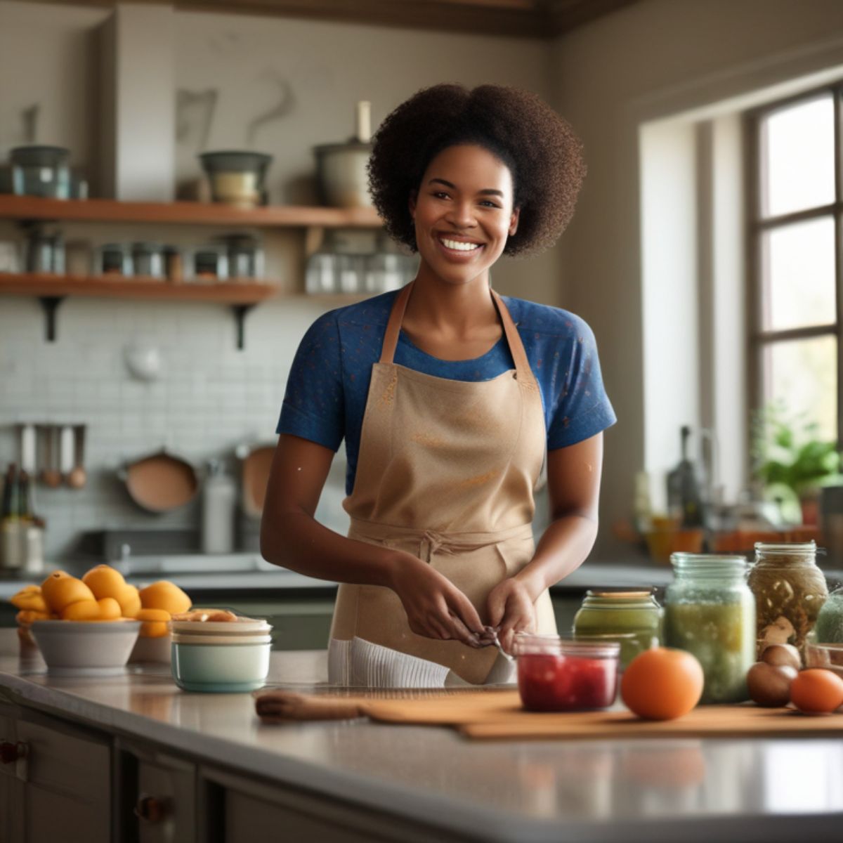 A smiling woman in a beige apron prepares food at a kitchen counter filled with jars, fruits, and vegetables, showcasing healthy cooking and meal prep.