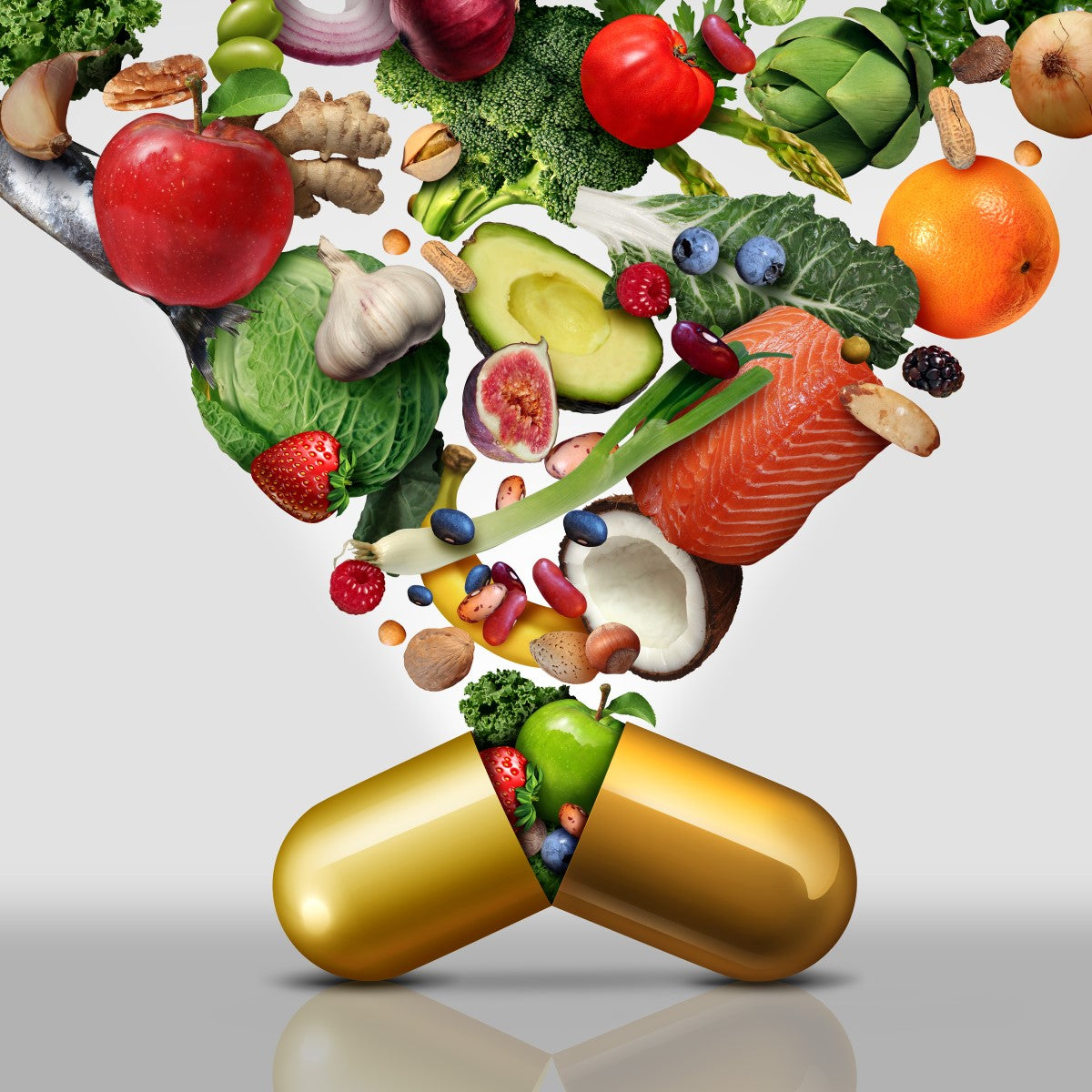 A large golden capsule spills out various fruits, vegetables, and nuts, symbolizing the importance of nutrition and vitamins after weight loss surgery.