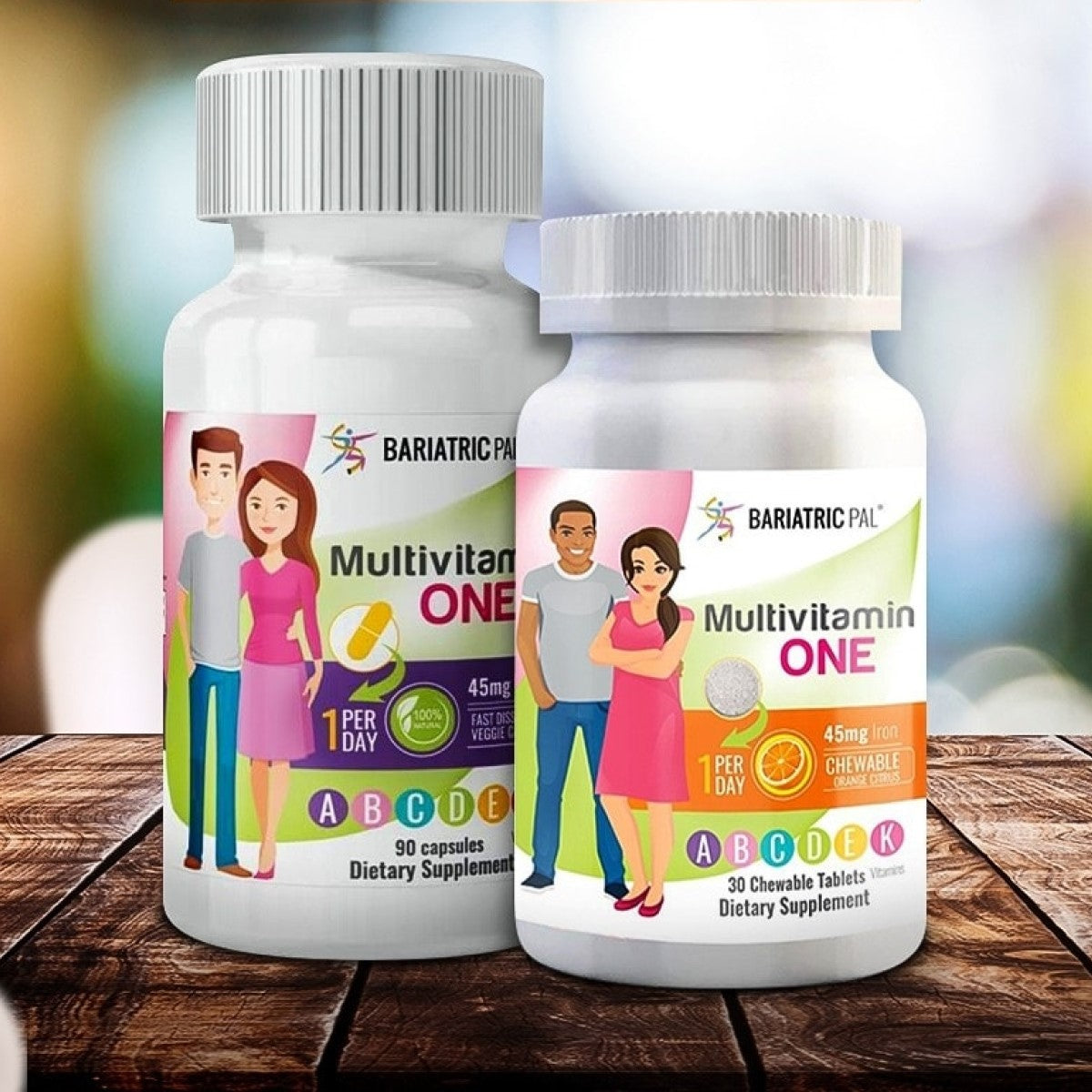 Two bottles of Bariatric Multivitamin, one with 90 capsules and the other with 30 chewable tablets, are displayed on a wooden surface, featuring illustrations of a man and woman promoting the product.