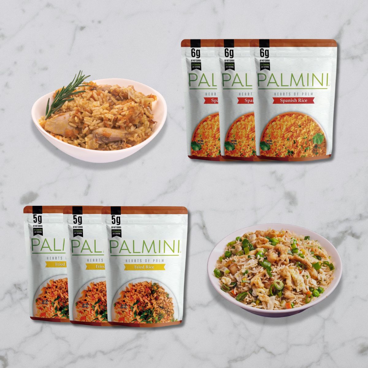 A bowl of Spanish rice with chicken and herbs is shown alongside packages of Palmini's low-carb rice alternatives, including Fried Rice and Spanish Rice, on a light marble surface.