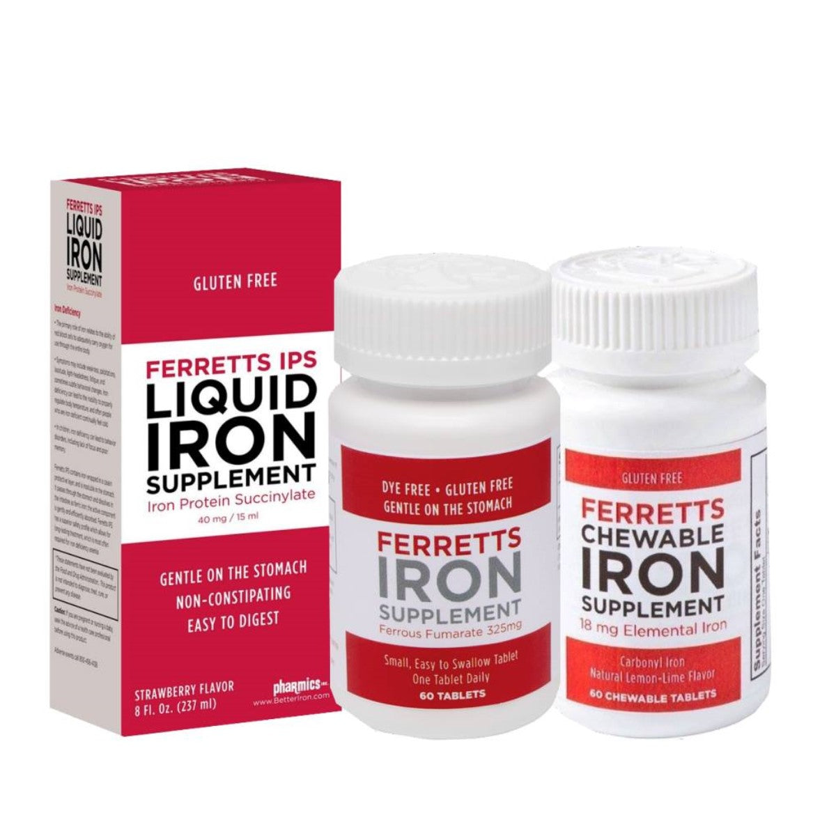 A box of Ferretts IPS Liquid Iron Supplement and two bottles of Ferretts Iron and Chewable Iron Supplements are displayed, highlighting their gluten-free and gentle-on-the-stomach features.