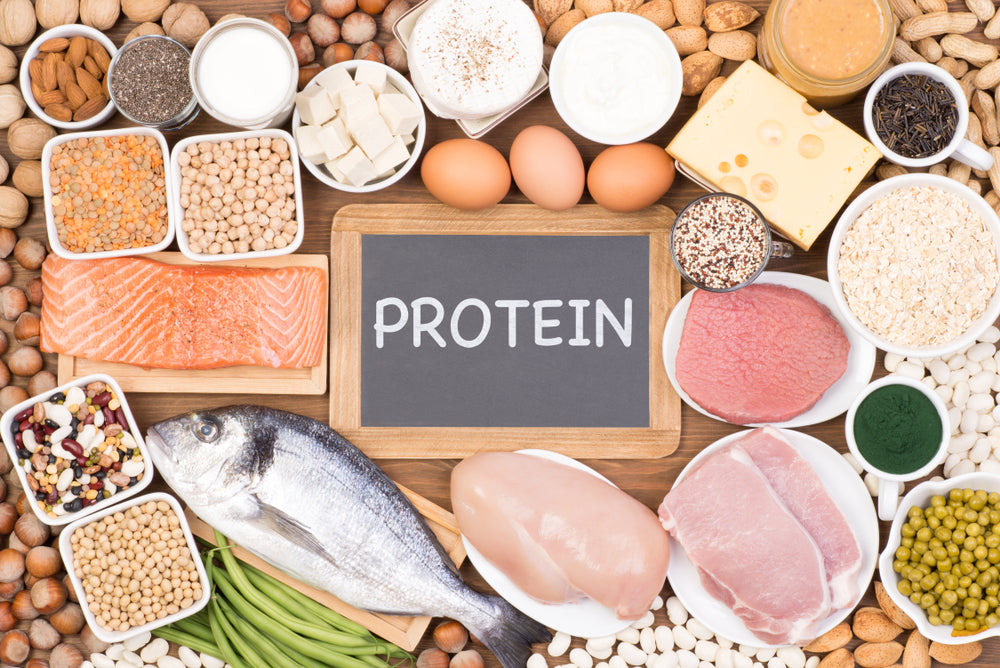 A variety of protein-rich foods, including fish, meat, eggs, nuts, and legumes, surround a chalkboard labeled "PROTEIN," emphasizing the importance of protein after bariatric surgery.