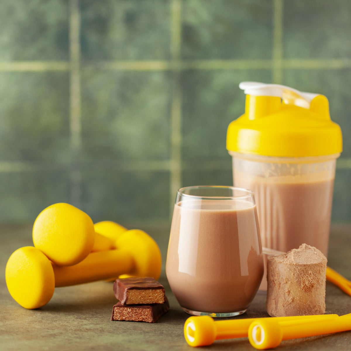 A glass of chocolate protein shake sits next to a shaker bottle, yellow dumbbells, and protein bars on a table with a green tiled background, suggesting a fitness-focused meal prep.