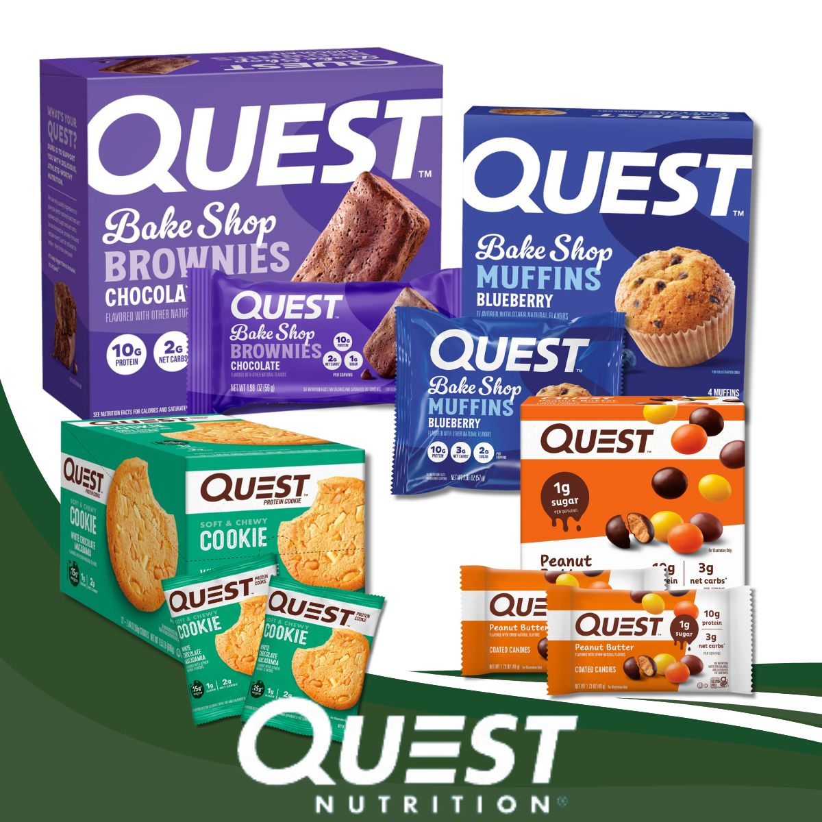 A colorful display of Quest Nutrition products, including chocolate brownies, blueberry muffins, cookies, and peanut butter candies, highlighting their protein content and low sugar options.