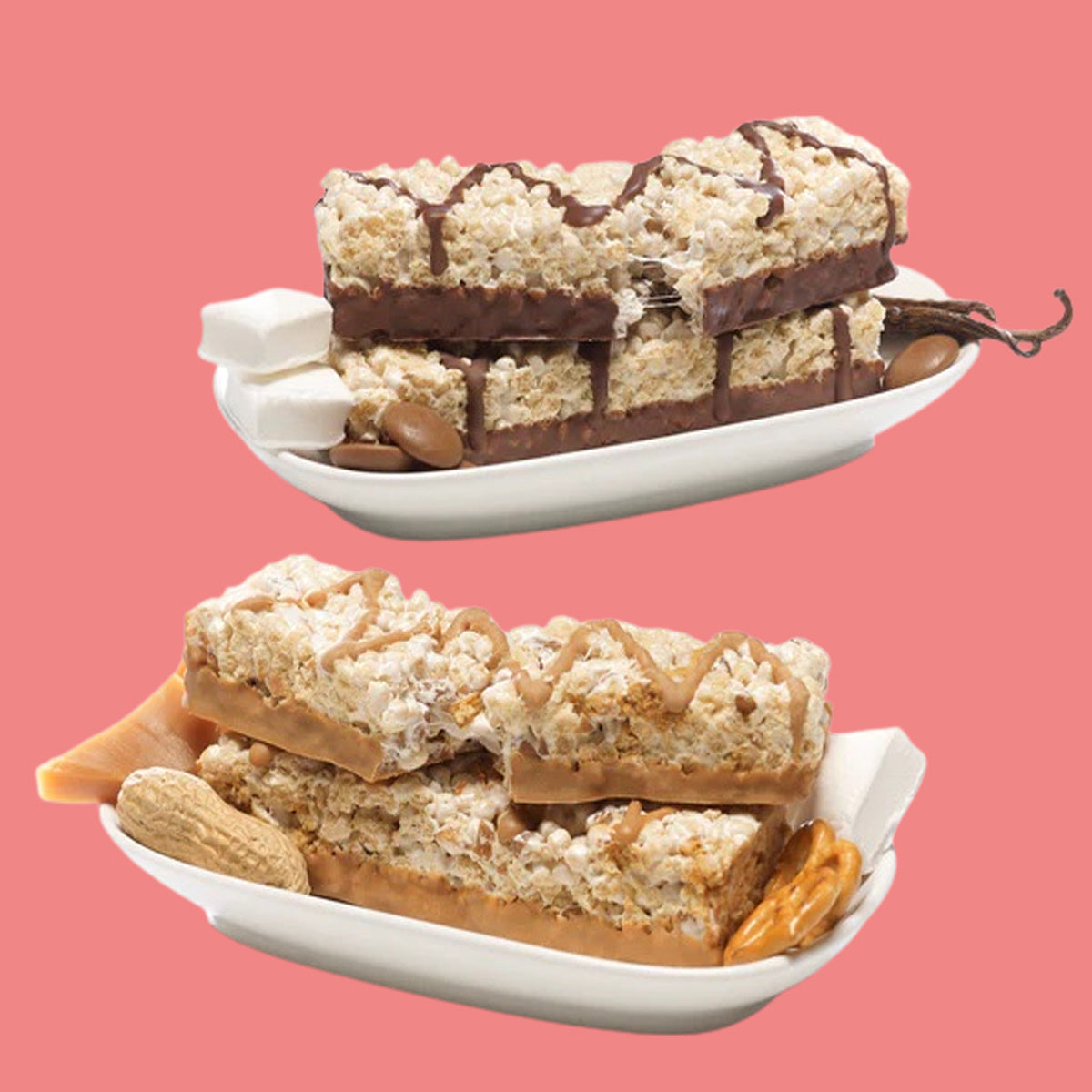 Two varieties of BariatricPal protein and fiber bars are displayed on a white plate, one topped with chocolate drizzle and marshmallows, and the other with caramel and peanuts, against a pink background.