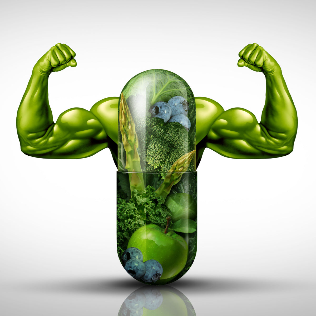 A large green capsule, filled with fruits and vegetables, is shown flexing muscular arms, symbolizing the strength and benefits of nutritional supplements for health and weight loss.