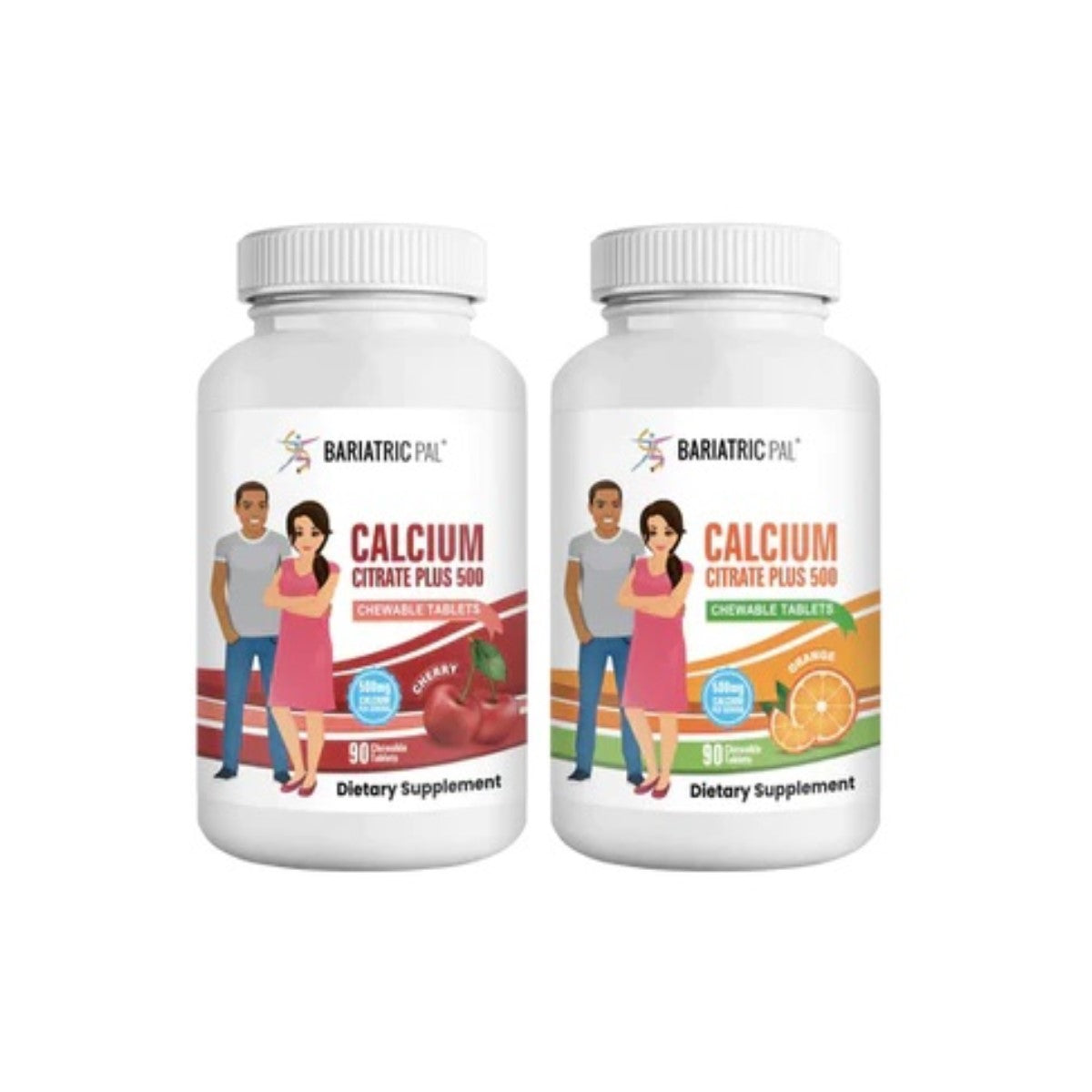 Two bottles of BariatricPal Calcium Citrate 500 mg chewable tablets, one labeled cherry and the other orange, feature illustrations of a man and woman standing beside each bottle.