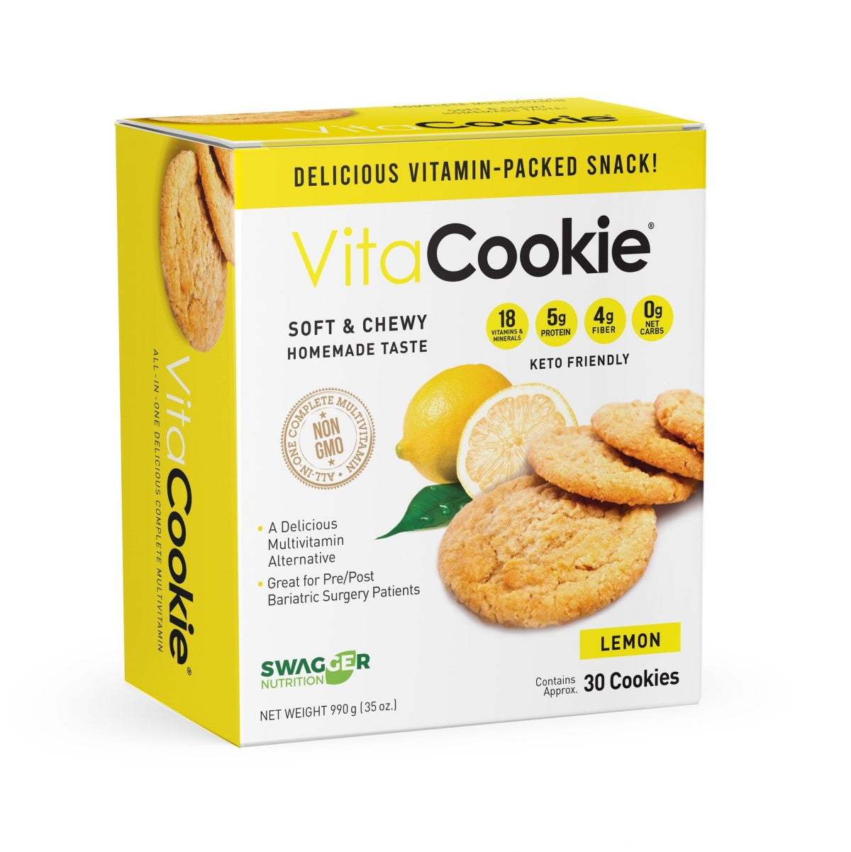 A yellow box of Bariatric Complete VitaCookie featuring a lemon design, displaying cookies and highlighting its nutritional benefits, including vitamins, protein, and keto-friendly attributes.