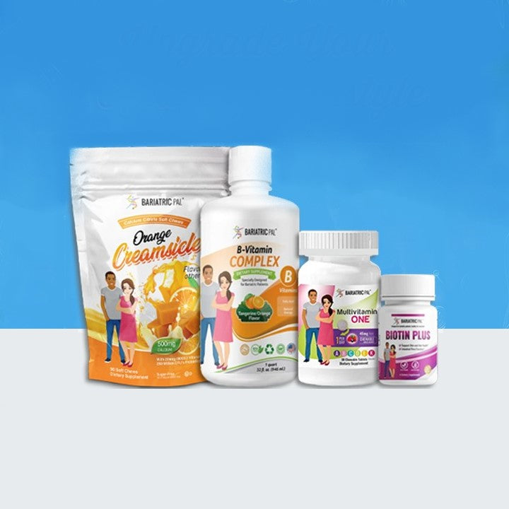 Five dietary supplements for bariatric patients are displayed, including Orange Creamsicle soft chews, B-Vitamin Complex, Multivitamin One, and Biotin Plus, against a light blue background.