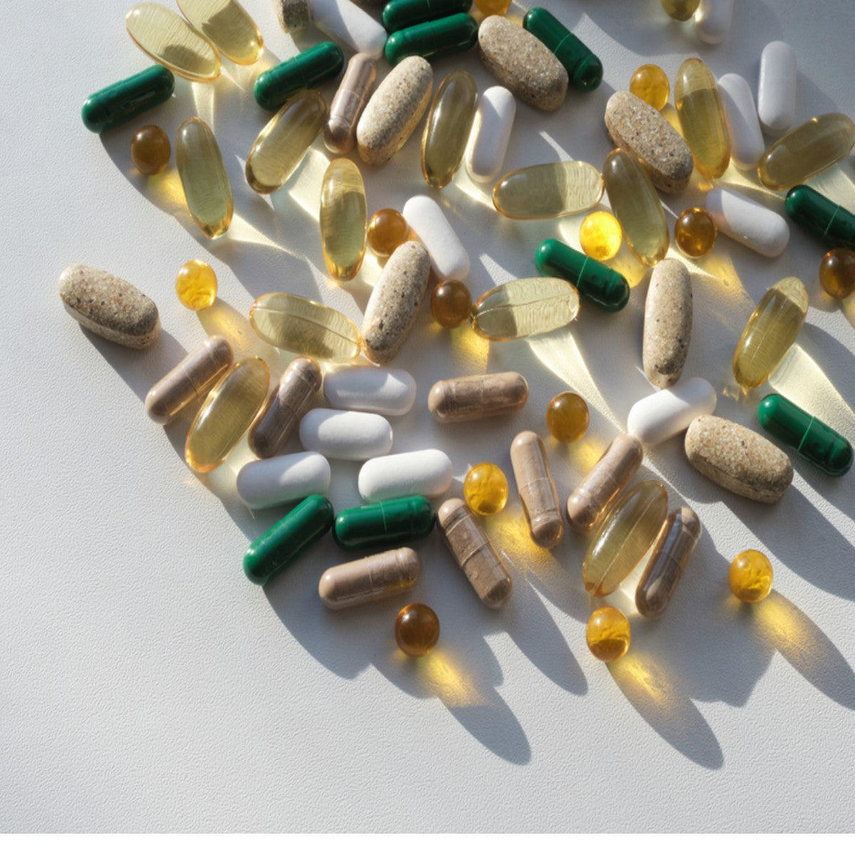 A variety of vitamins and supplements in different shapes and colors are scattered across a light surface, showcasing their diverse forms and textures.