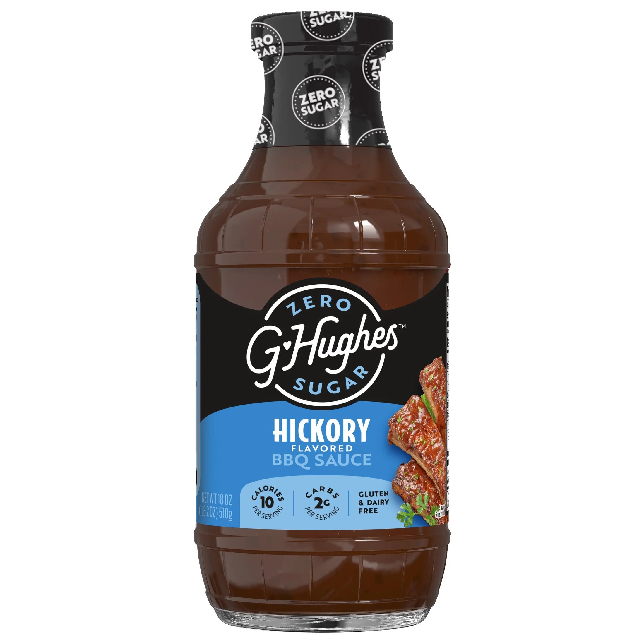 A bottle of G. Hughes zero sugar hickory flavored BBQ sauce is displayed, featuring a dark brown color with a blue label highlighting its low calorie and gluten-free attributes.