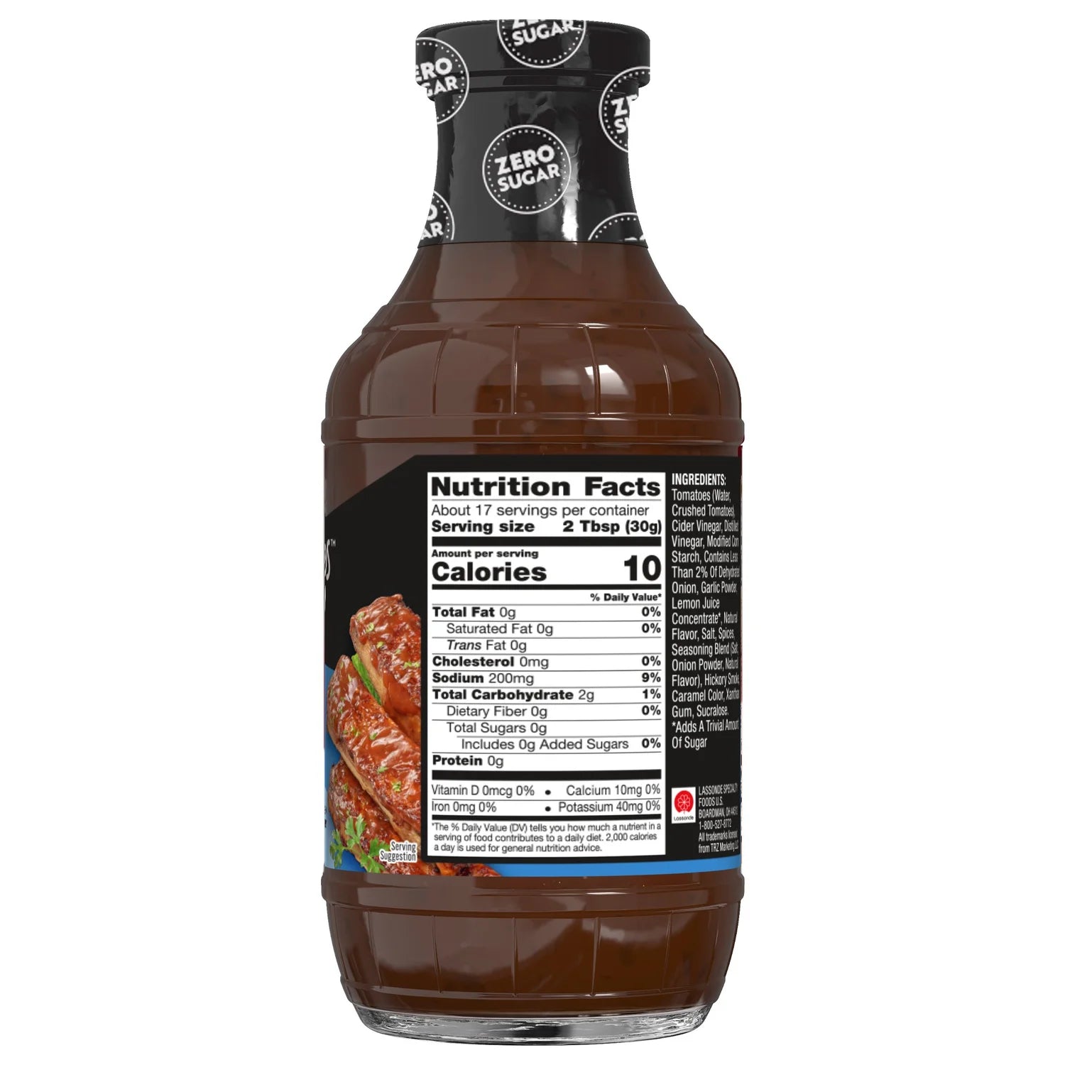 A bottle of zero sugar barbecue sauce displays the nutrition facts and ingredients, with a focus on serving size and calorie content, set against a dark background.