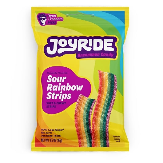 A colorful package of Joyride Sour Rainbow Strips candy features soft, chewy, rainbow-colored strips on a bright yellow background, highlighting its low sugar content and natural flavors.