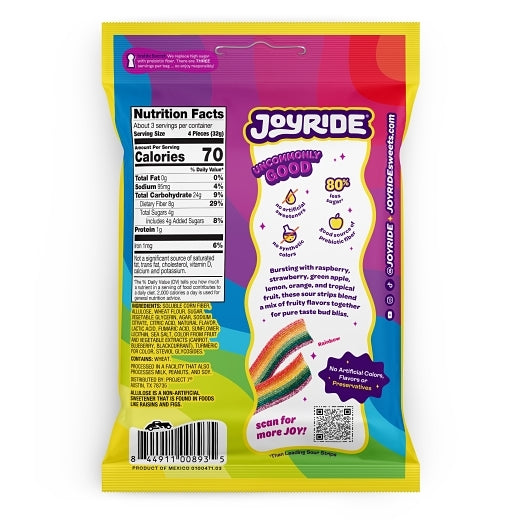 A colorful snack bag of Joyride candy features a rainbow-striped candy illustration, nutrition facts, and a description highlighting fruity flavors like raspberry and lemon, set against a vibrant background.