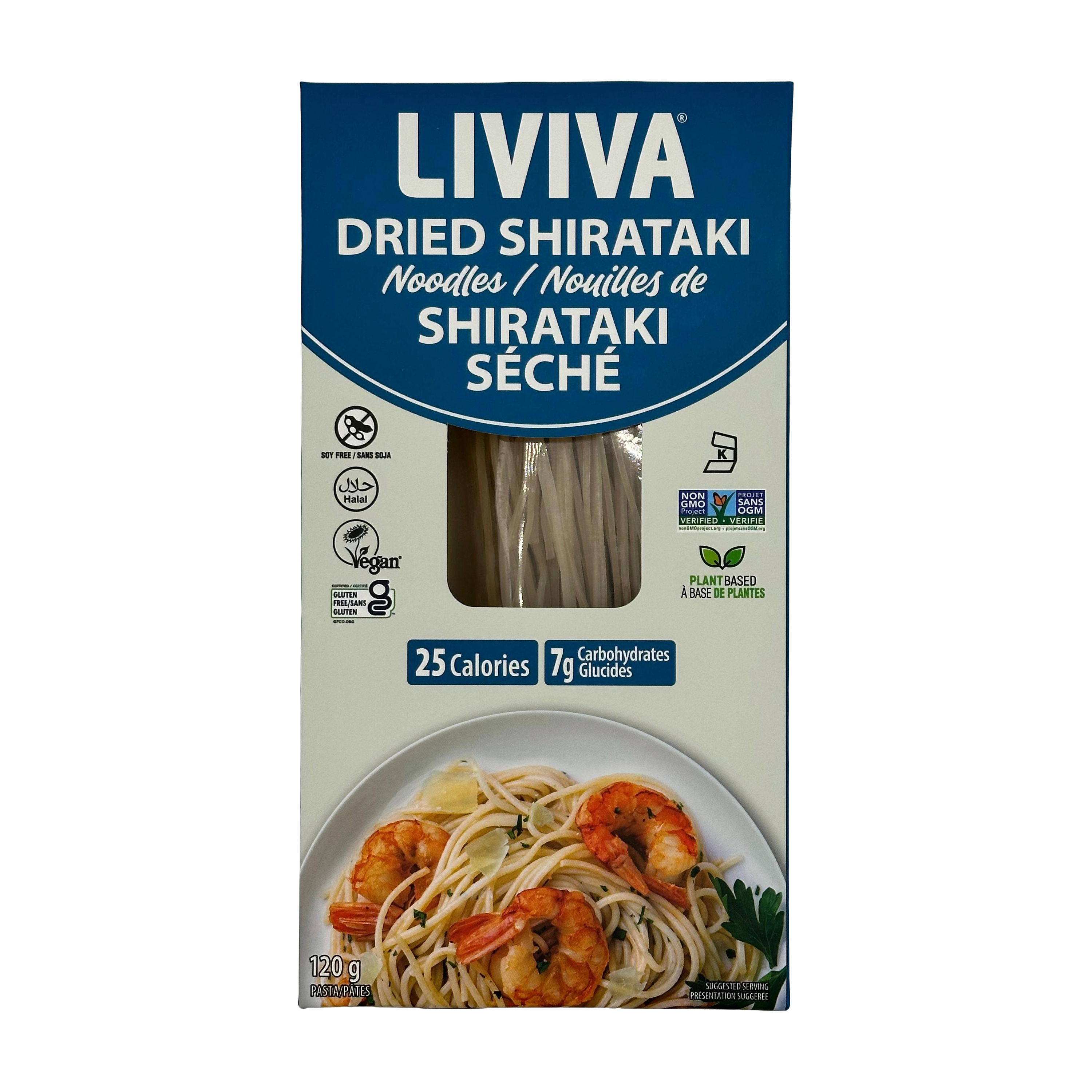 A package of Liviva dried shirataki noodles features a transparent window showcasing the noodles, with nutritional information and a dish of shrimp pasta displayed on the front.