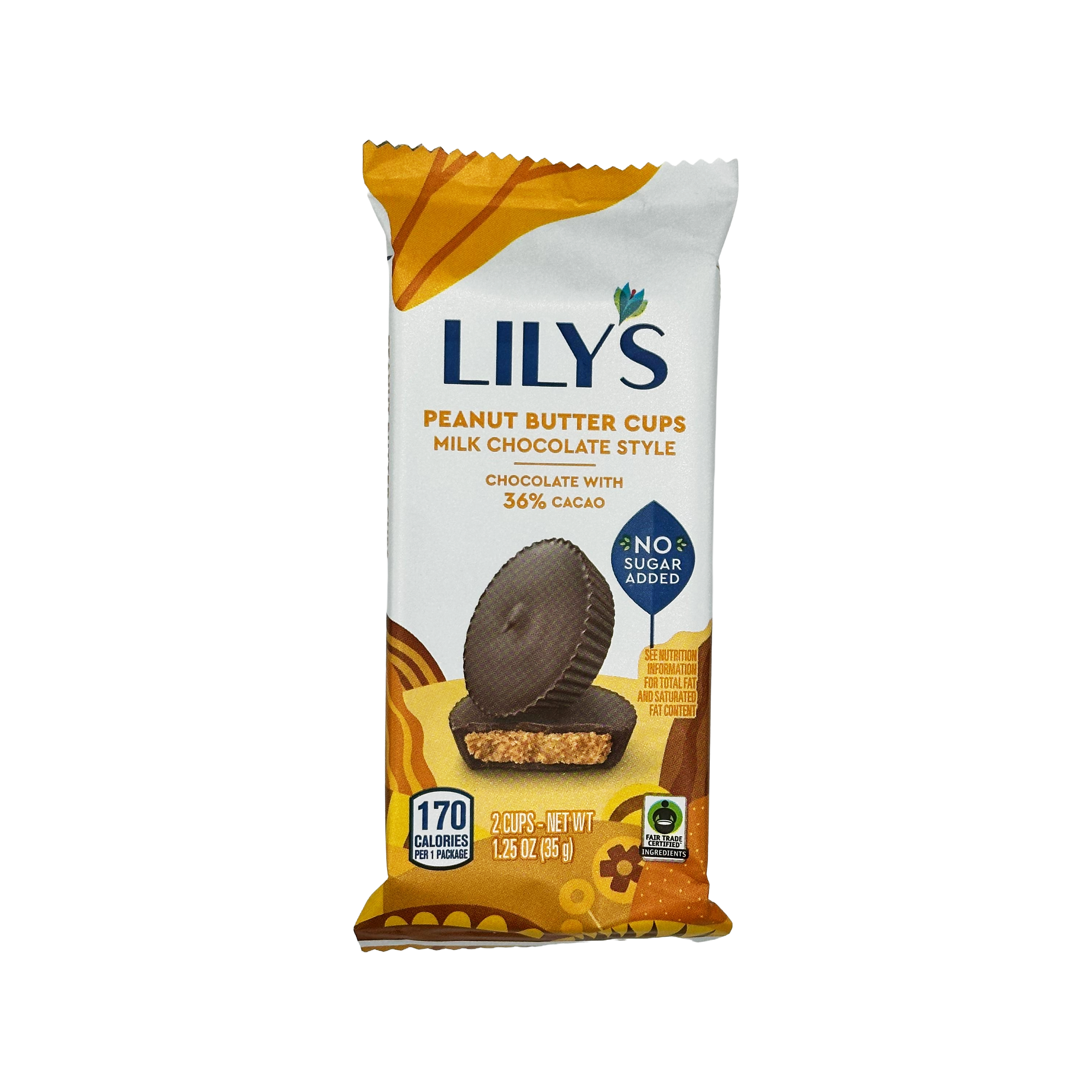 Lily's Peanut Butter Cups package features two chocolate cups with a peanut butter filling, labeled as milk chocolate style with 36% cacao and "No Sugar Added," on a colorful background.