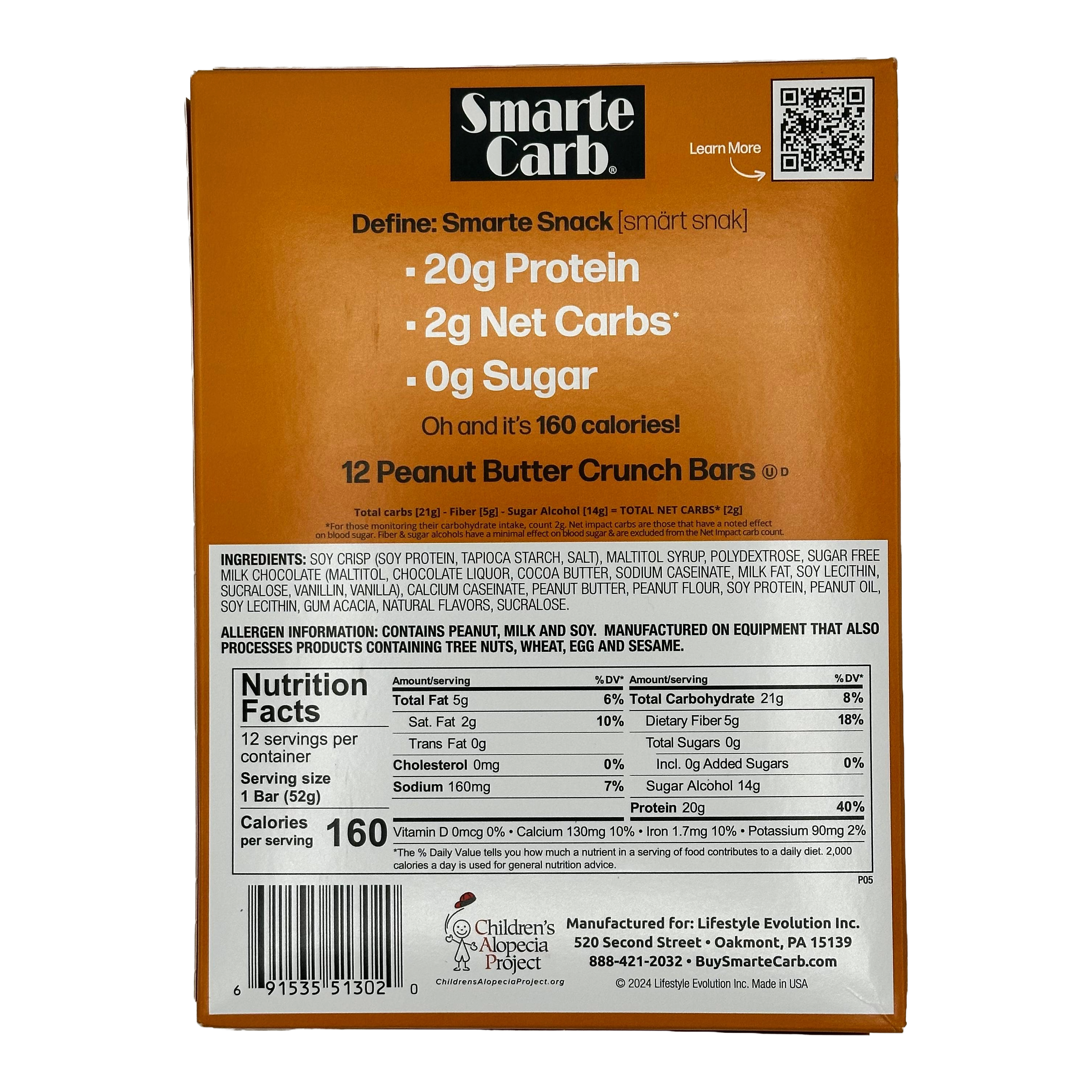 The back of a Smarte Carb Peanut Butter Crunch Bars box displays nutritional information, ingredients, and allergen warnings, emphasizing 20g protein, 2g net carbs, and 0g sugar per bar.