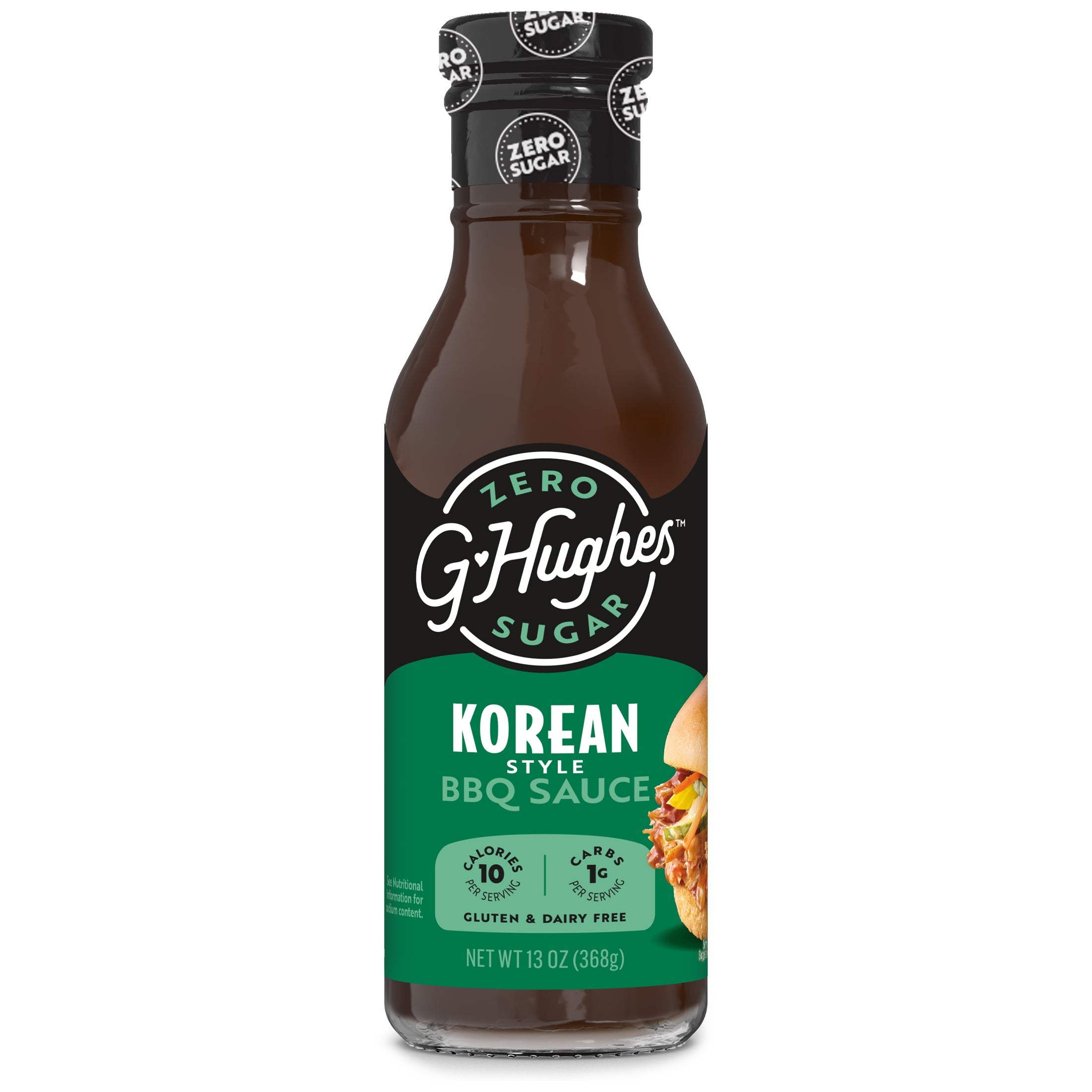 A bottle of G. Hughes Korean Style BBQ Sauce, featuring a black cap labeled "Zero Sugar," with a green and black label highlighting its gluten-free and dairy-free attributes.