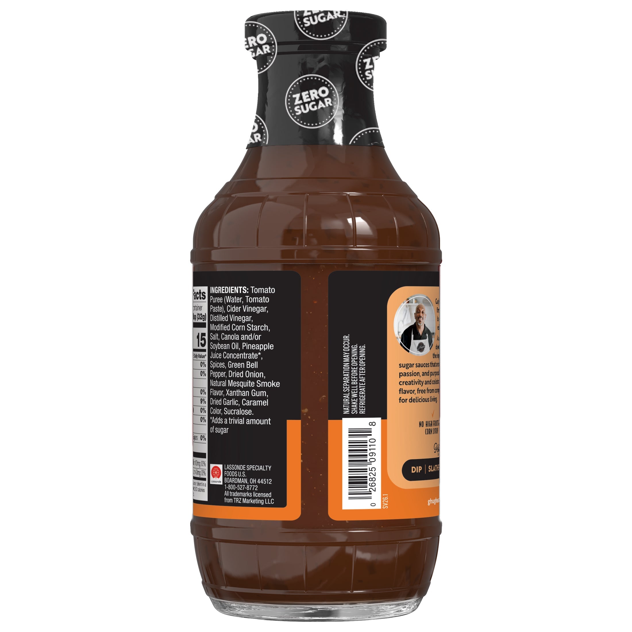 A brown bottle of zero sugar barbecue sauce with a black cap, displaying ingredient details and a description of the product's flavor, set against a plain background.