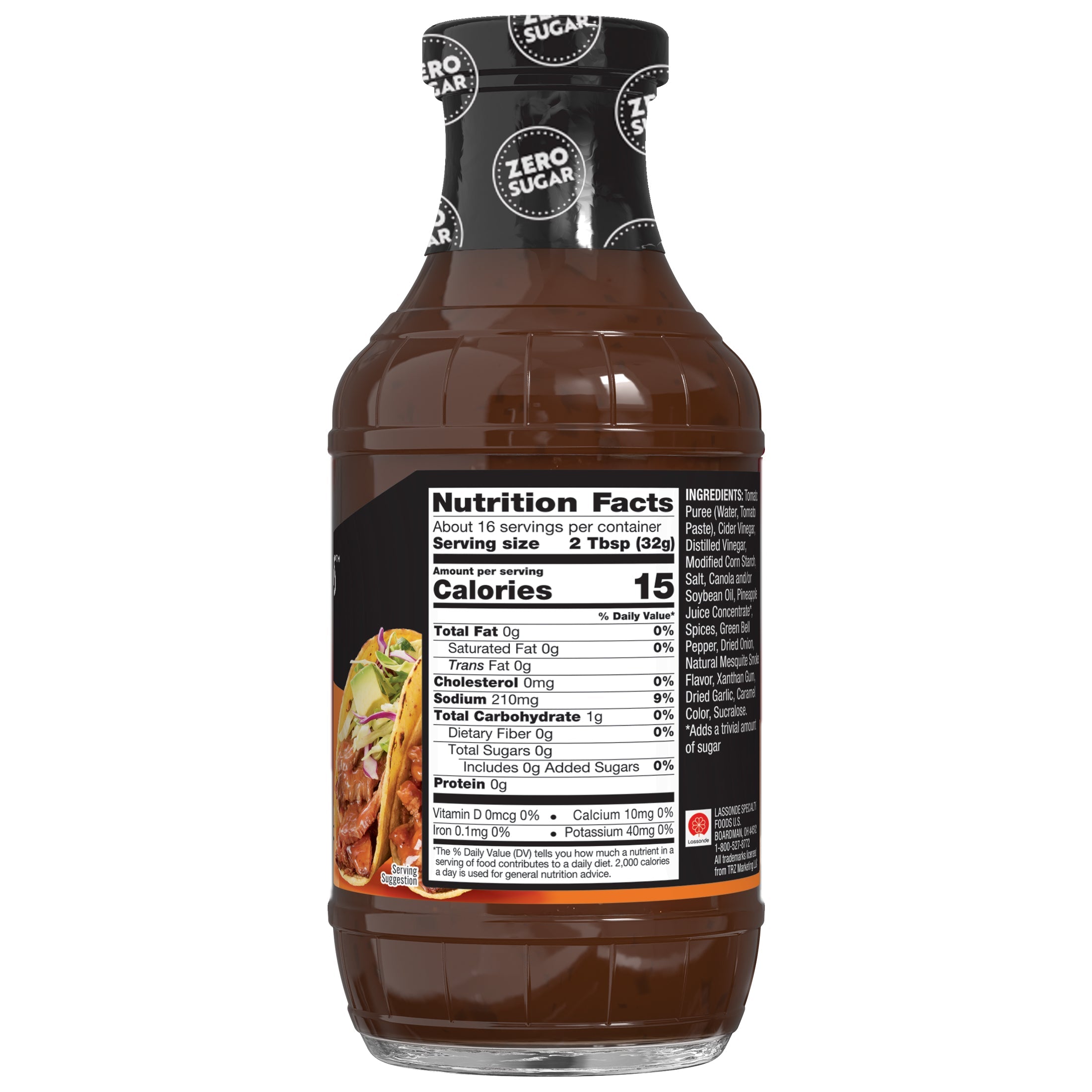 A clear bottle of zero-sugar sauce displays a nutrition label on one side, detailing serving size, calories, and ingredients, with a dark brown liquid visible inside.