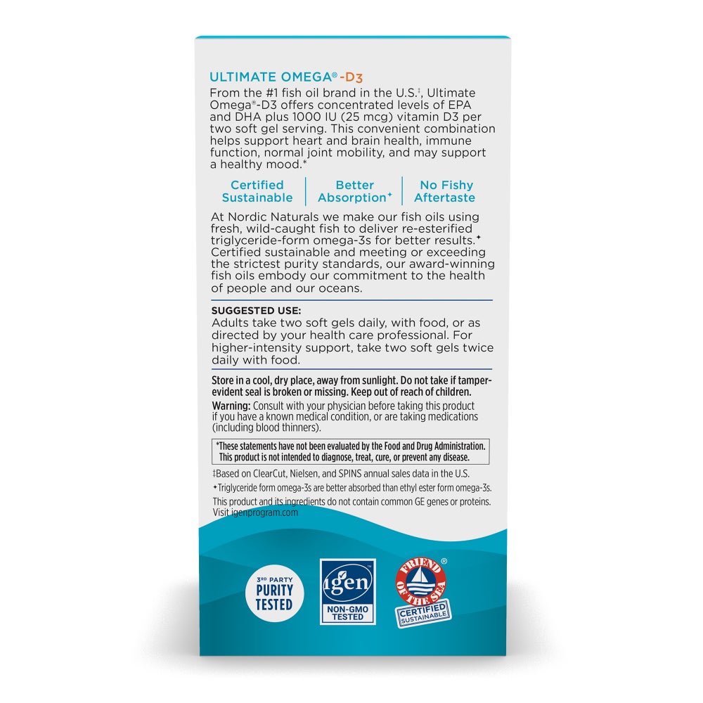 A product label for Ultimate Omega-D3 fish oil, highlighting its benefits, suggested use, and certifications for sustainability and purity, with detailed instructions and warnings for consumers.