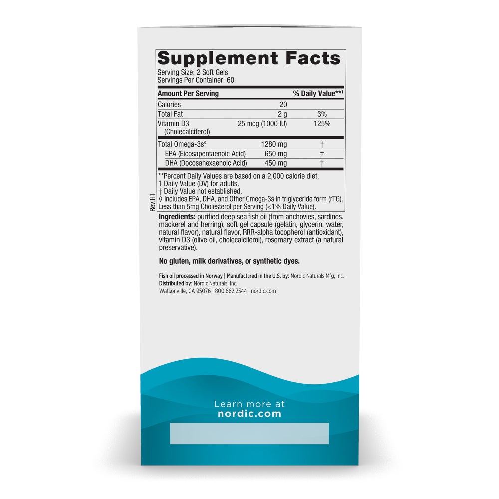 A supplement facts label lists nutritional information for Omega-3 soft gels, detailing serving size, calories, fats, vitamin D3, and ingredients, with a blue wave design at the bottom.