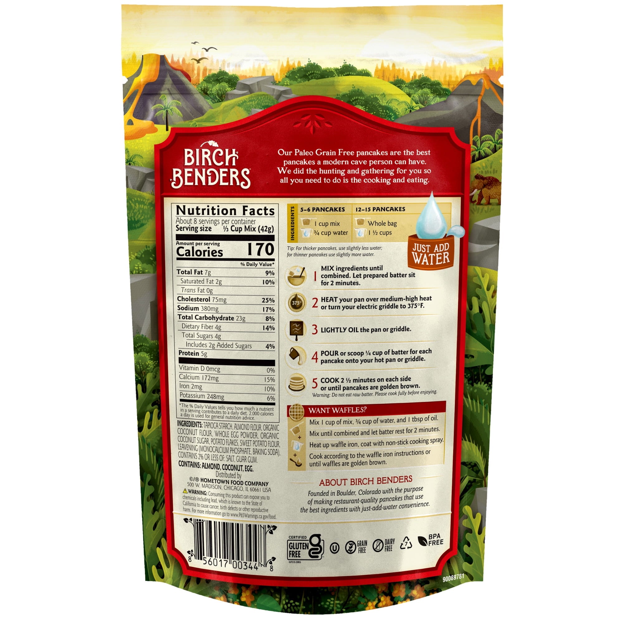 The back of a Birch Benders pancake mix package displays nutrition facts, preparation instructions, and a colorful landscape design, highlighting its gluten-free and paleo-friendly features.