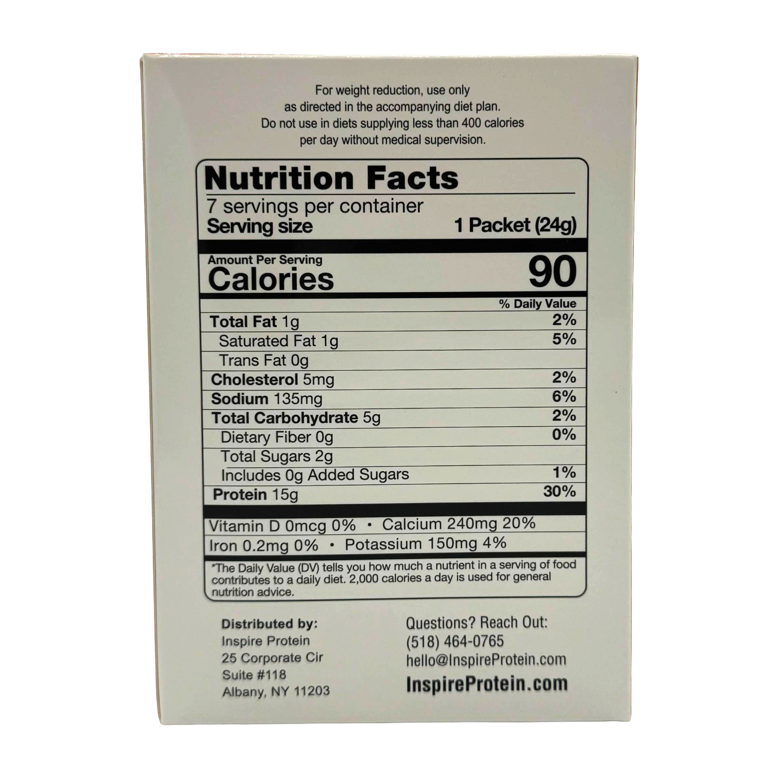 A nutrition facts label displays serving size, calories, and nutrient information for a protein product, emphasizing its low fat and high protein content, with contact details for the distributor.