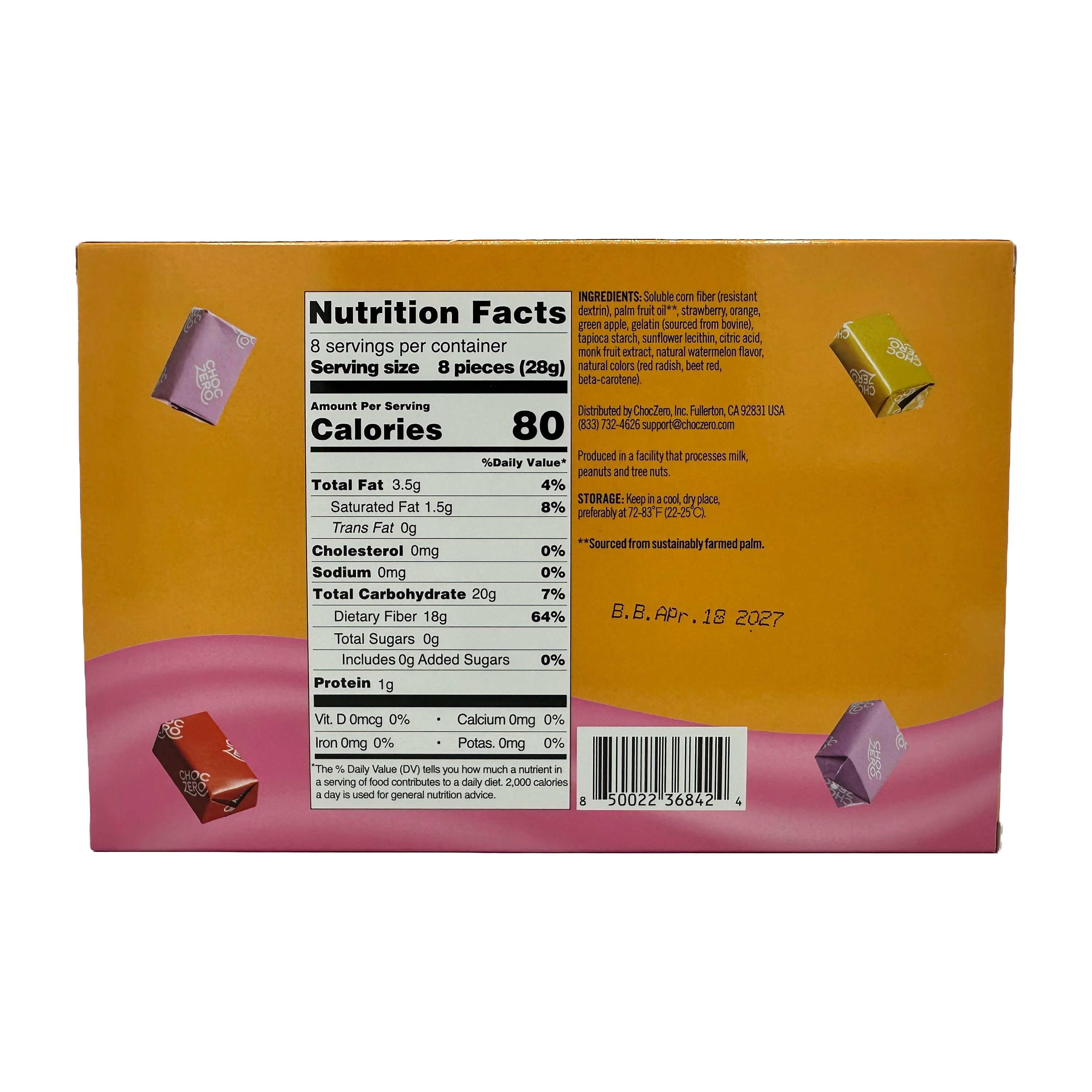 The back of a product box displays nutrition facts, including serving size, calories, and ingredients, set against a colorful background with illustrations of the product packaging.