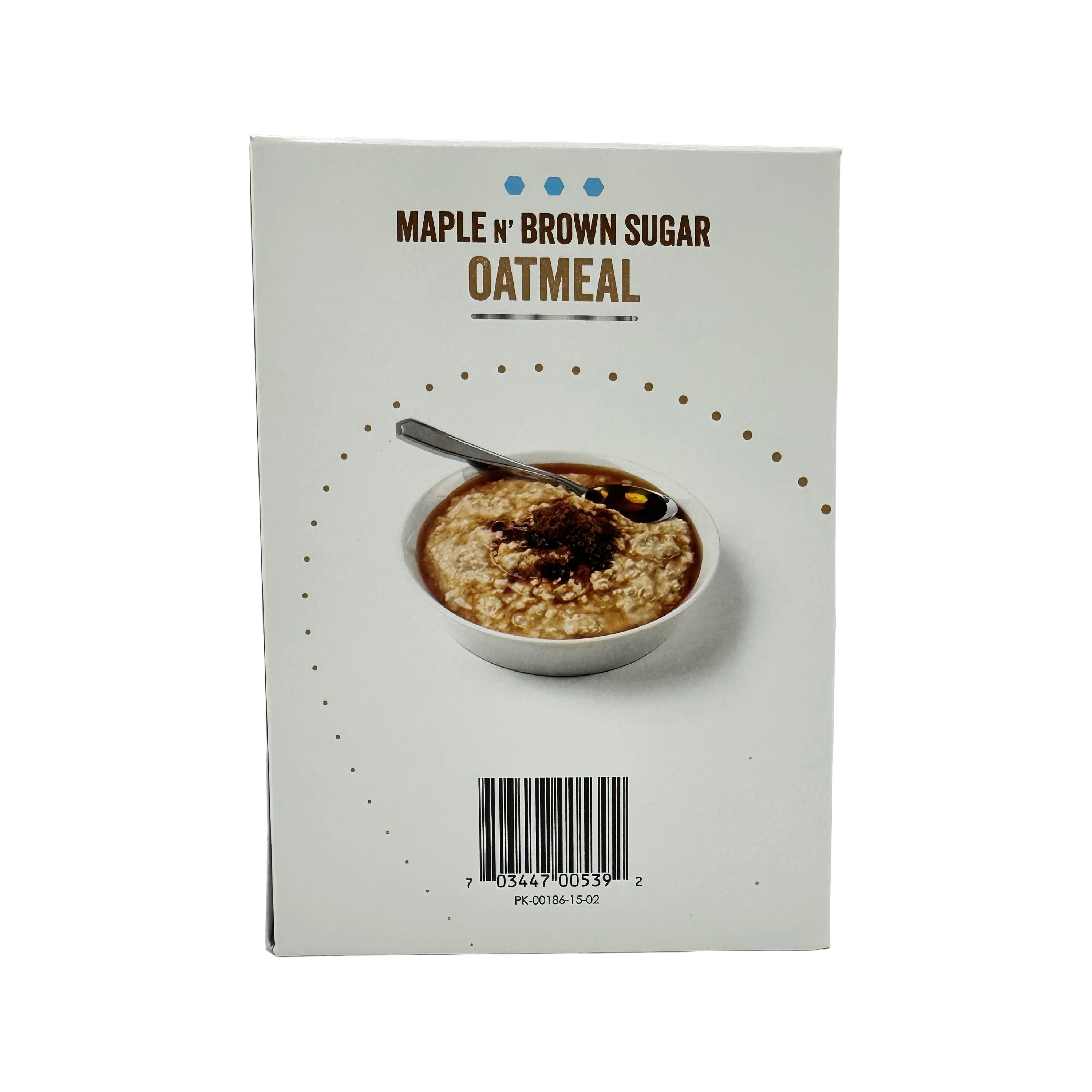 A bowl of maple and brown sugar oatmeal is shown with a spoon resting inside, featuring a sprinkle of brown sugar on top, set against a plain white background with product information below.