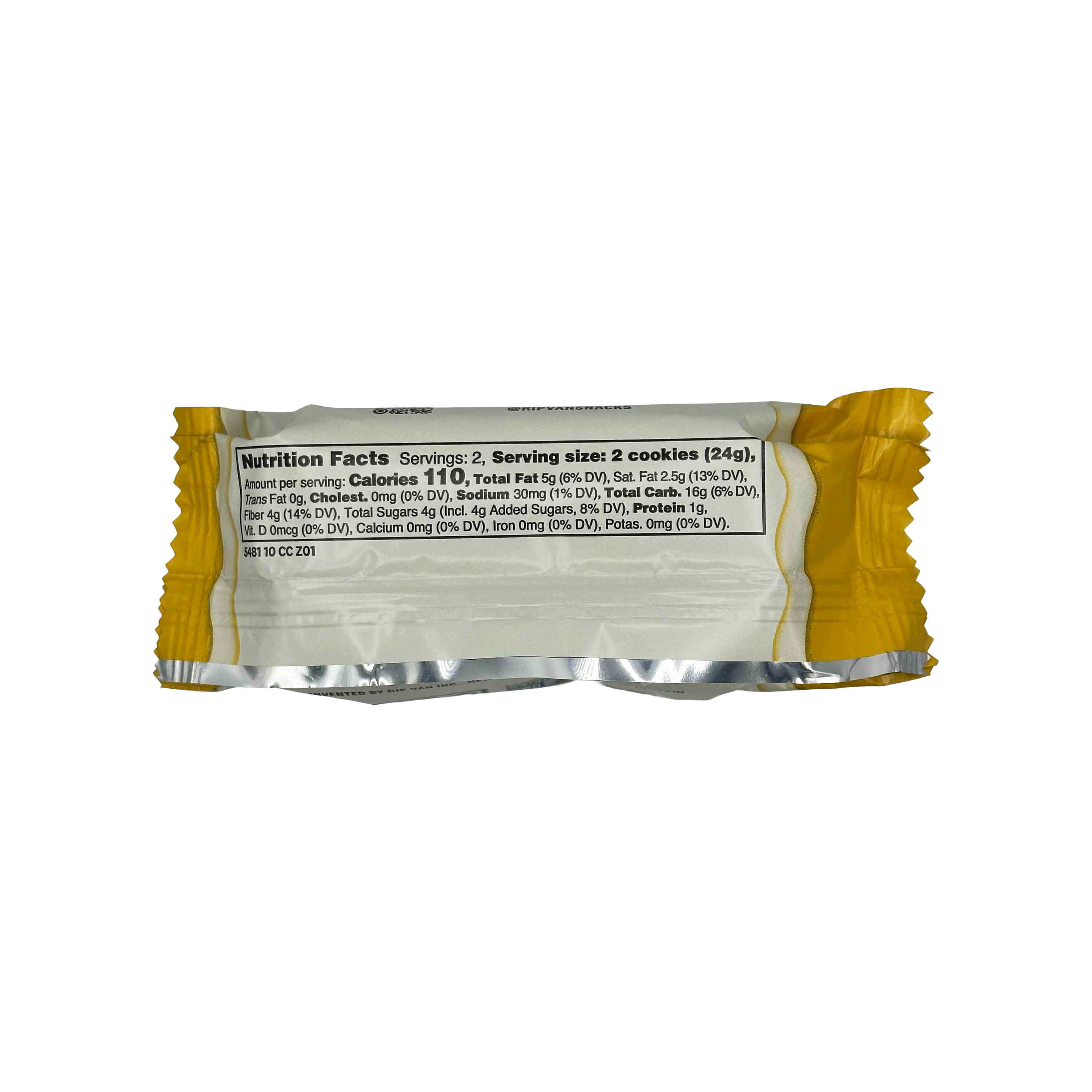 A nutrition facts label on a cookie package displays serving size, calories, and various nutritional information such as fat, carbohydrates, and protein content.