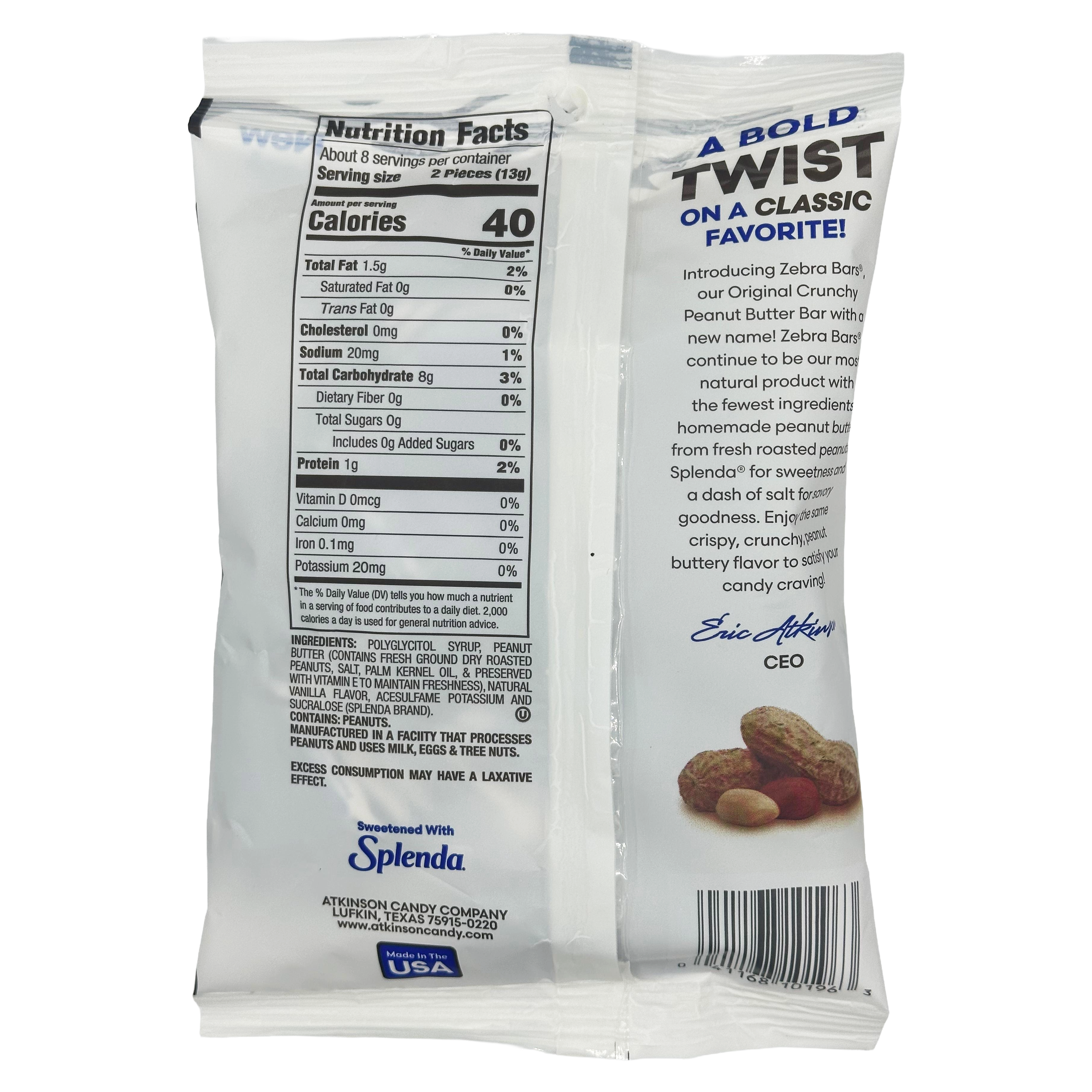 Atkinson's Sugar Free Zebra Bars (formerly Peanut Butter Bars), 3.75 oz. bag