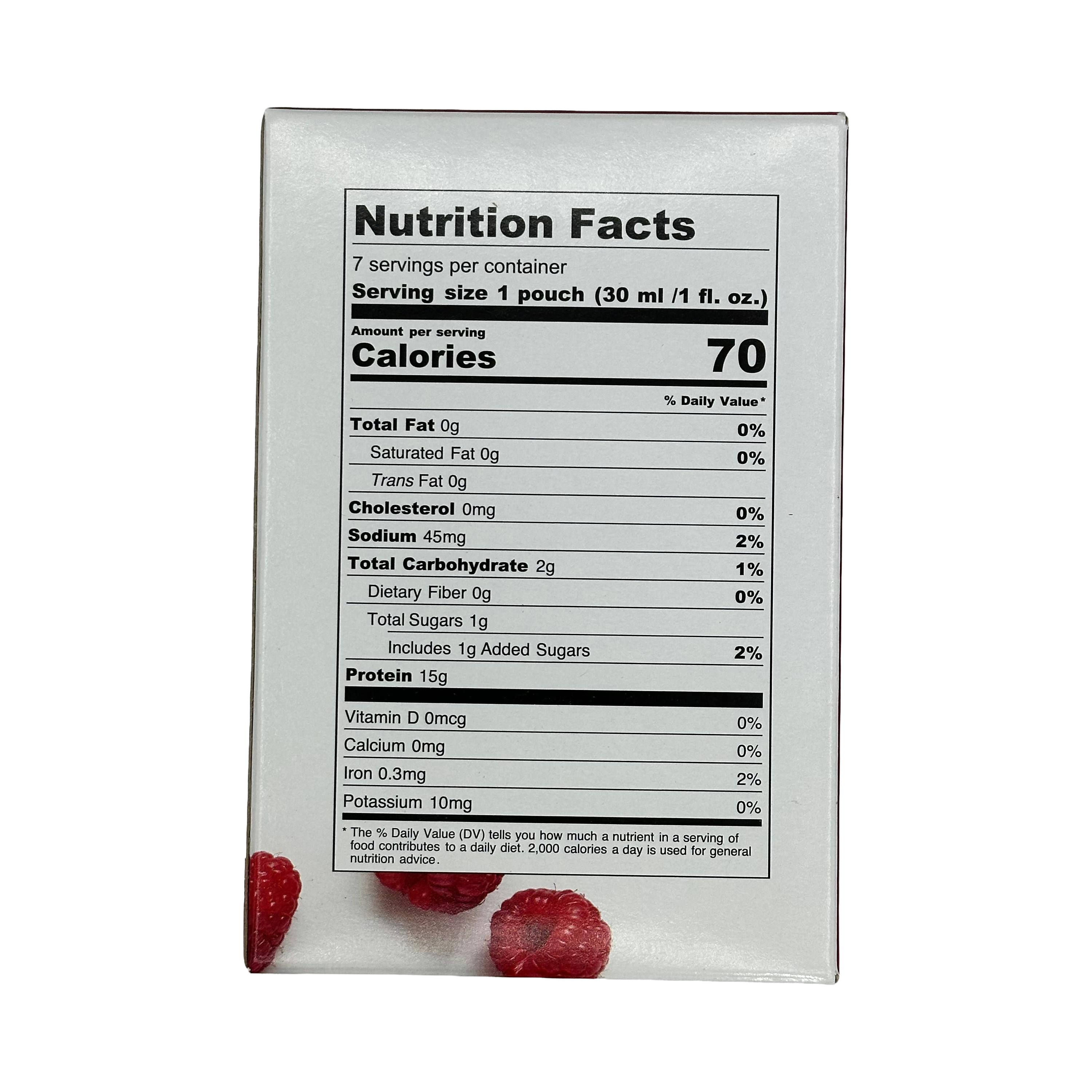 A nutrition facts label displays detailed information about a food product, including serving size, calories, and nutrient content, with raspberries visible at the bottom.