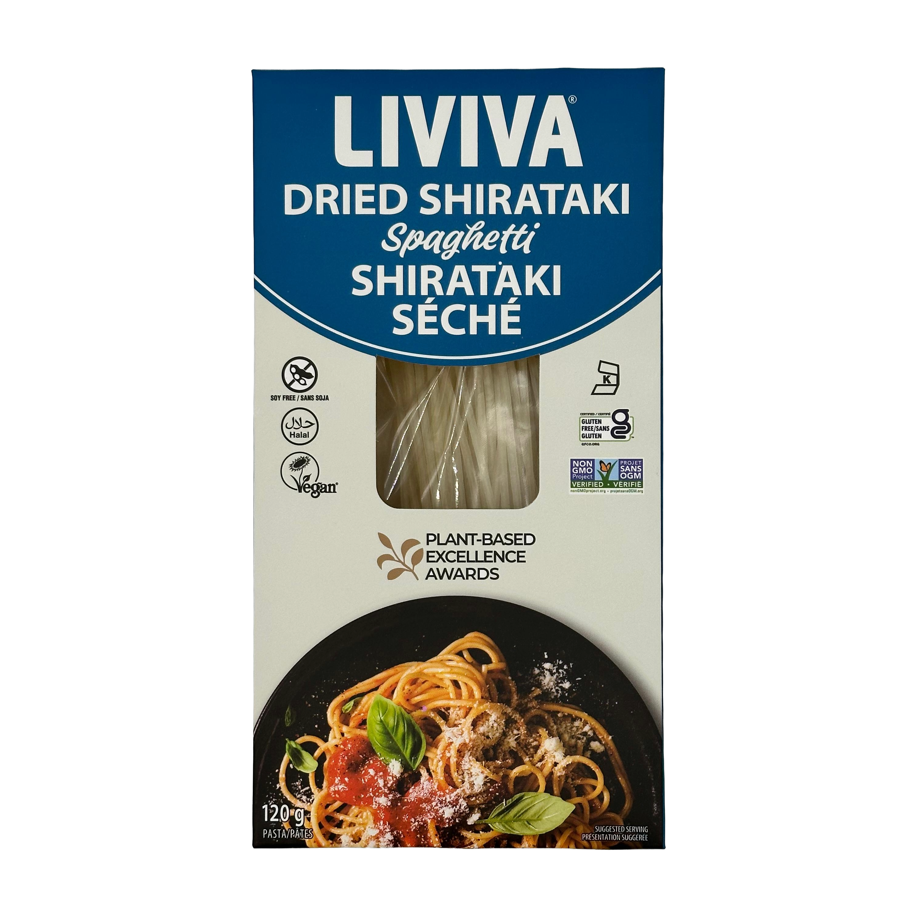 A blue and white box of Liviva dried shirataki spaghetti showcases the product, featuring a clear window displaying the noodles and a plate of spaghetti with sauce and basil on the front.