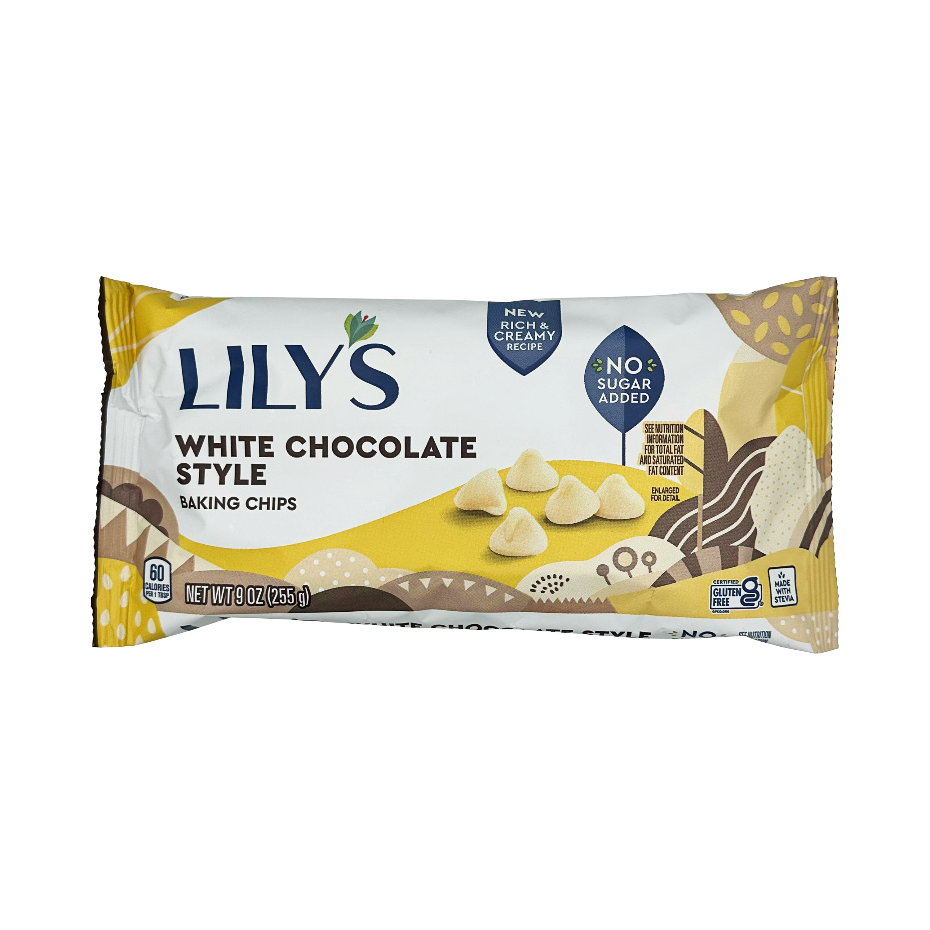 A package of Lily's White Chocolate Style Baking Chips features a colorful design with yellow and cream accents, highlighting the product's no sugar added label and gluten-free certification.