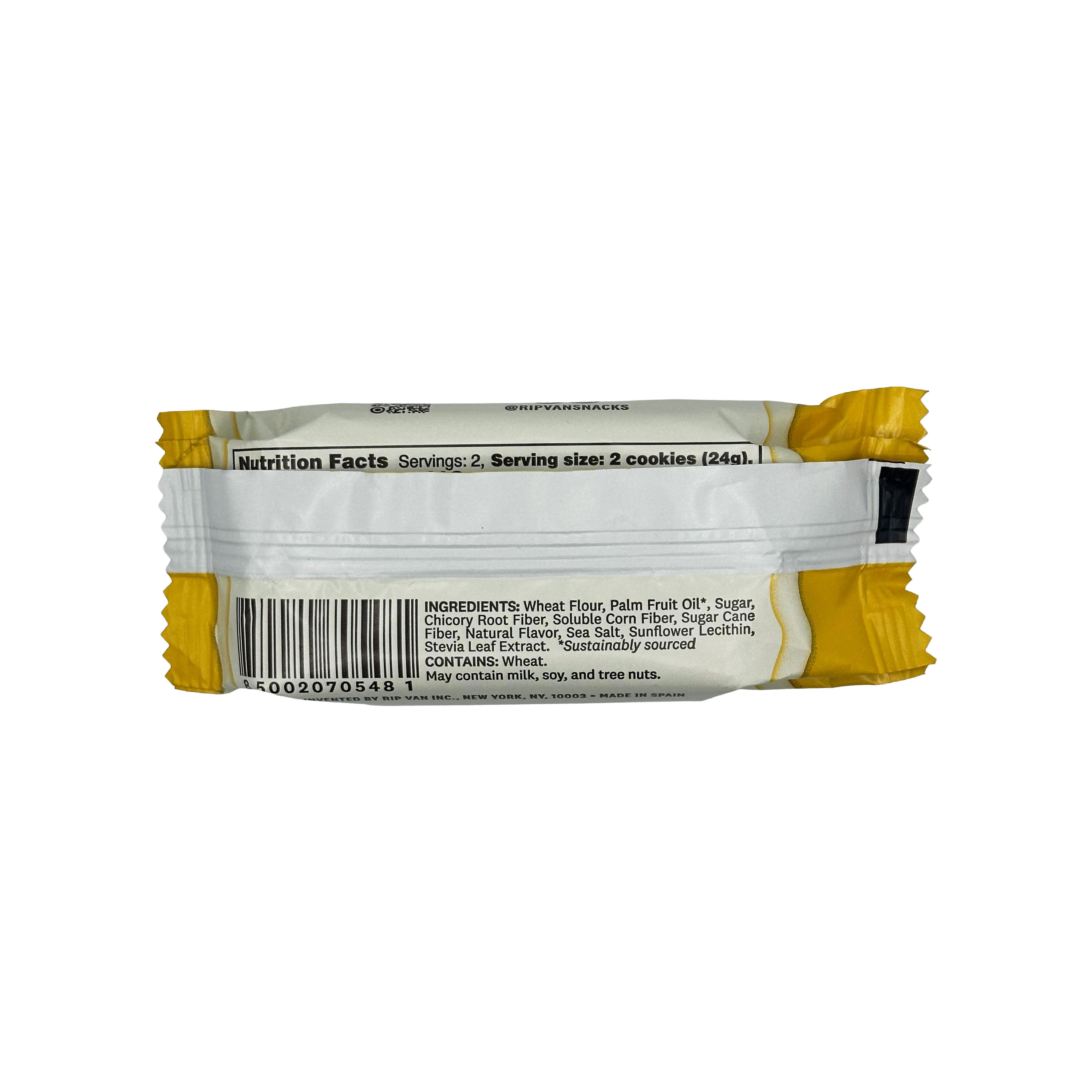 A nutrition facts label on the back of a cookie package lists serving size, ingredients, and allergen information against a plain black background.