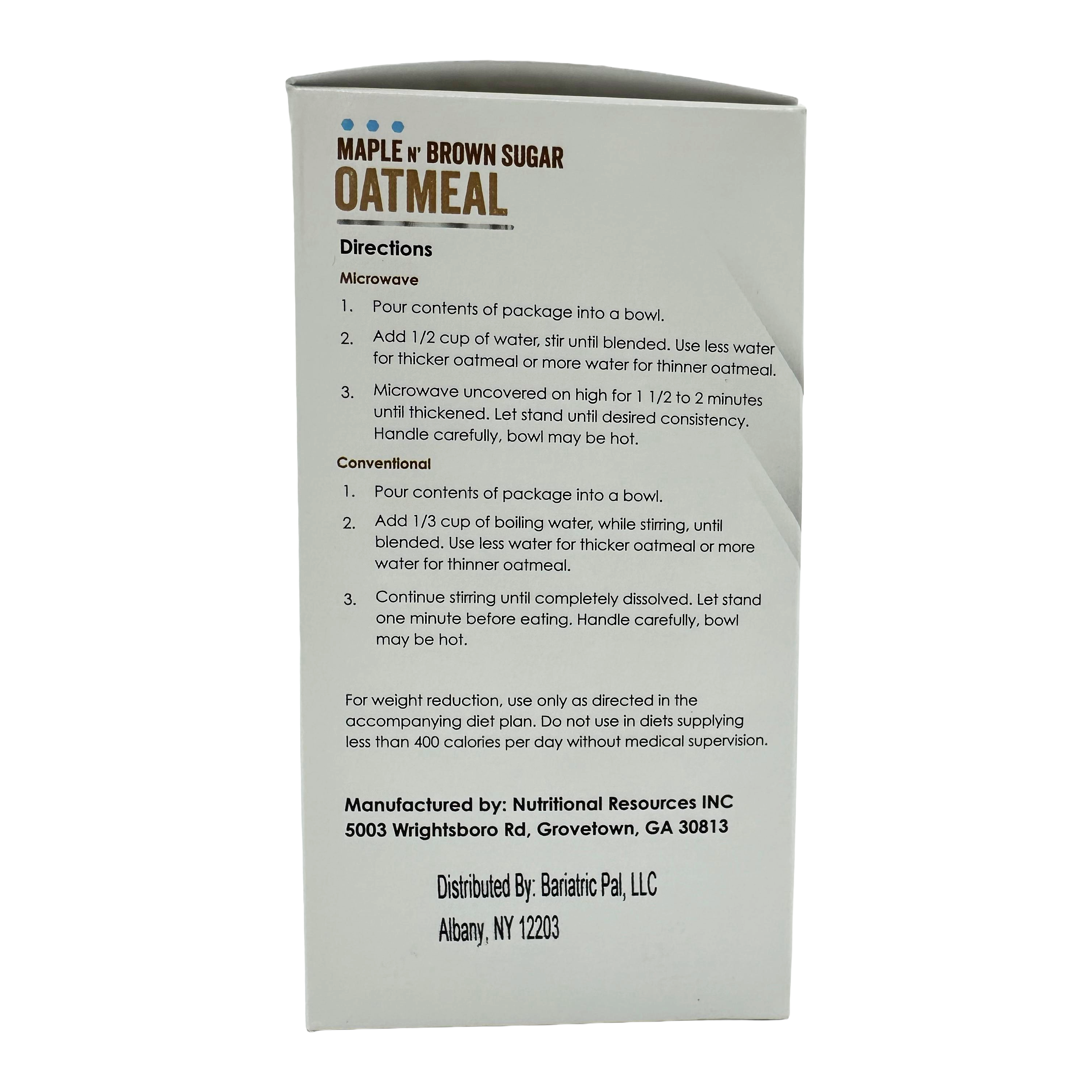 A product box for Maple n' Brown Sugar Oatmeal displays preparation instructions for both microwave and conventional methods, emphasizing careful handling due to hot contents.