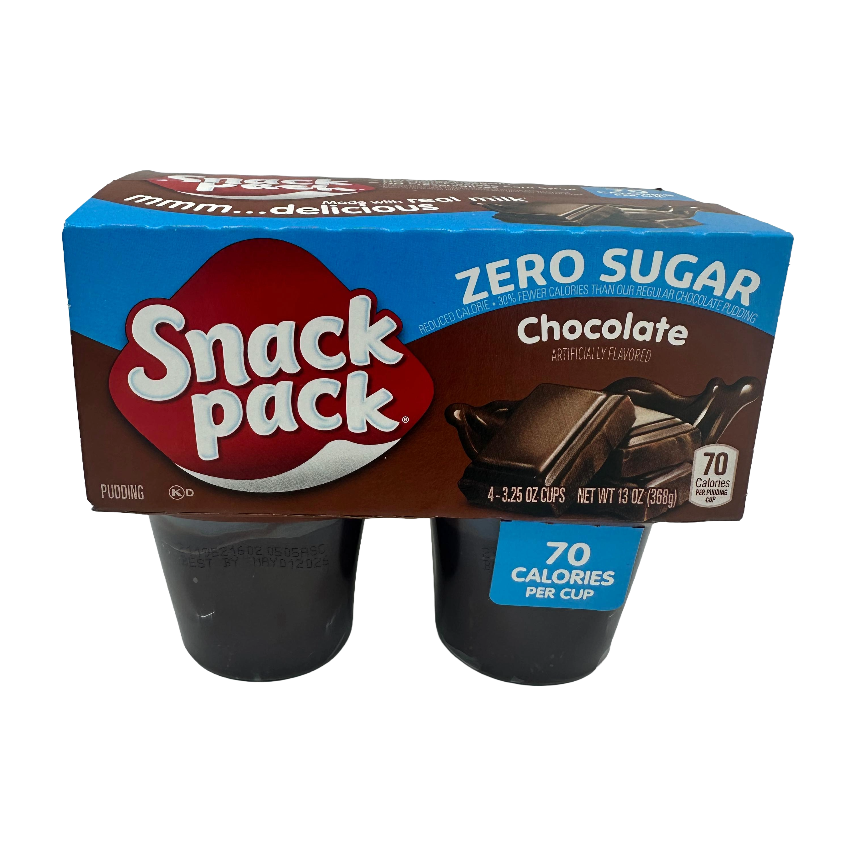 A pack of four chocolate Snack Pack pudding cups, labeled "Zero Sugar" and "70 calories per cup," features a blue and brown design with images of chocolate bars on the box.