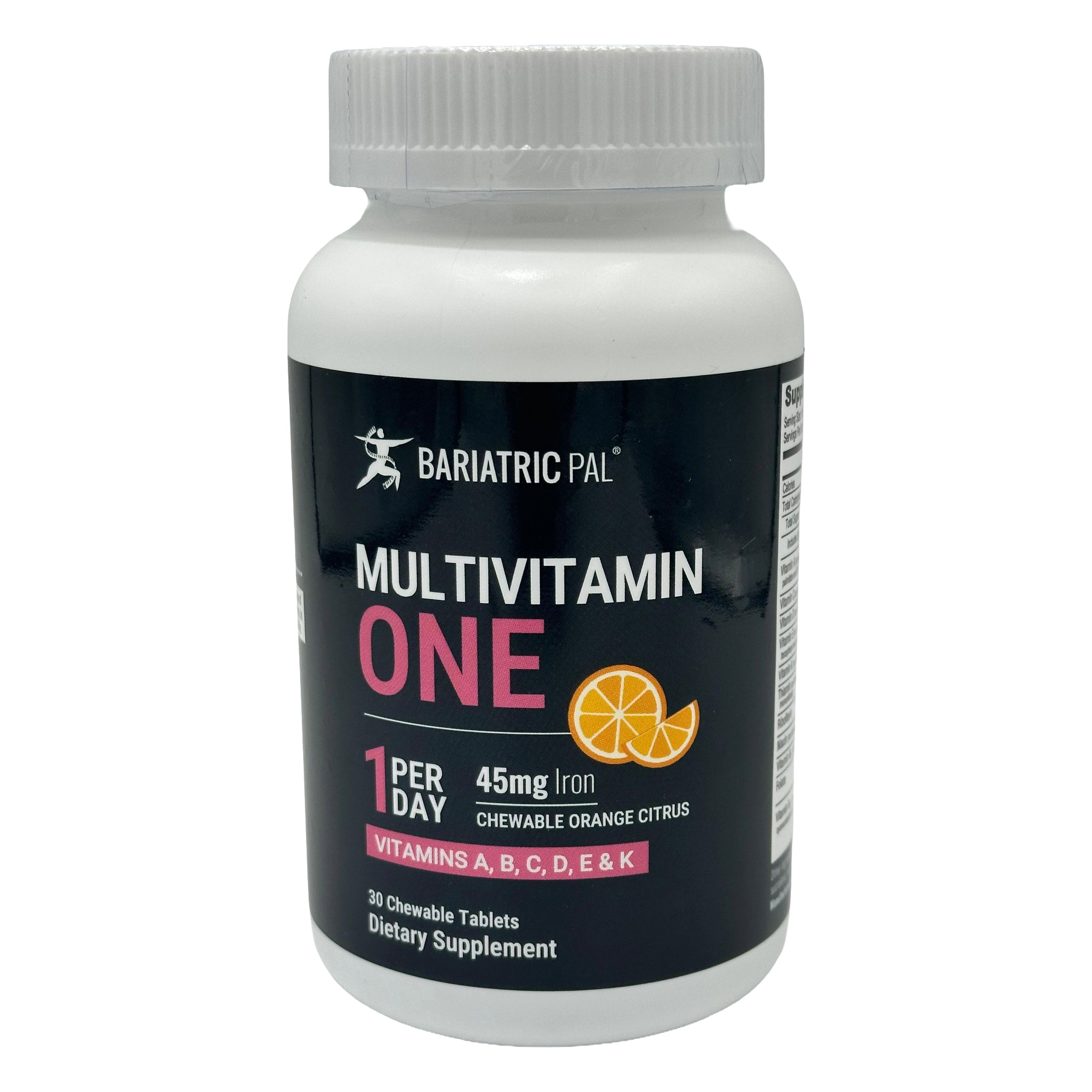 A white bottle labeled "Bariatric Pal Multivitamin One" contains 30 chewable orange citrus tablets, highlighting vitamins A, B, C, D, E, and K, with a note for 1 per day and 45mg of iron.