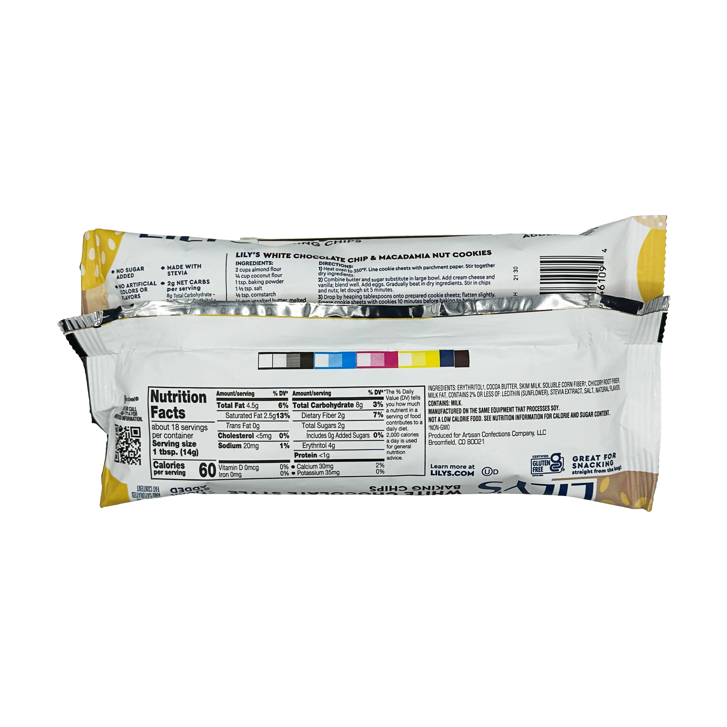 The back of a package of Lily's White Chocolate Chip and Macadamia Nut Cookies displays nutrition facts, ingredients, and a colorful barcode on a black background.