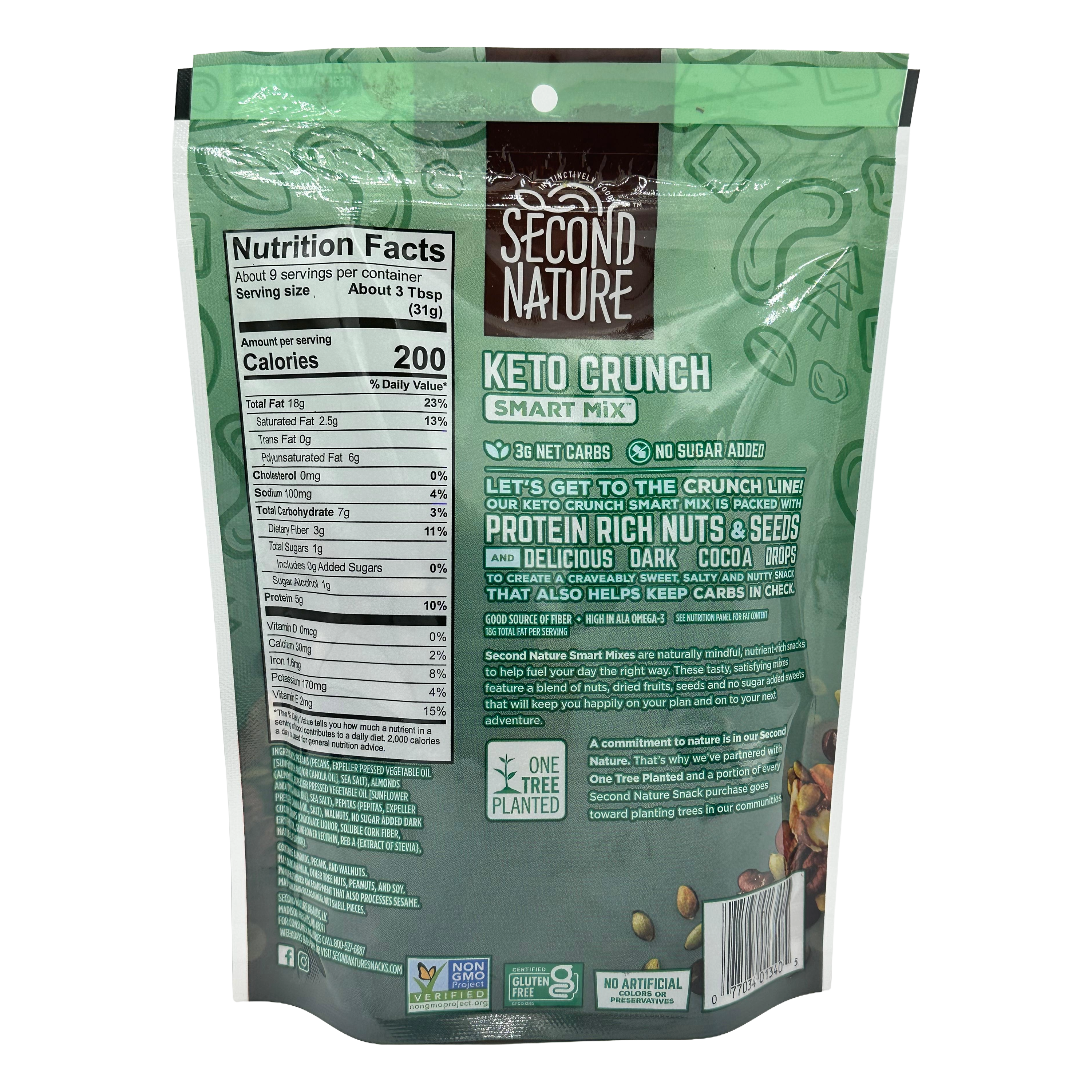 A green packaging for "Keto Crunch Smart Mix" features nutrition facts, highlights protein-rich nuts and seeds, and promotes a low-carb snack option with a commitment to sustainability.