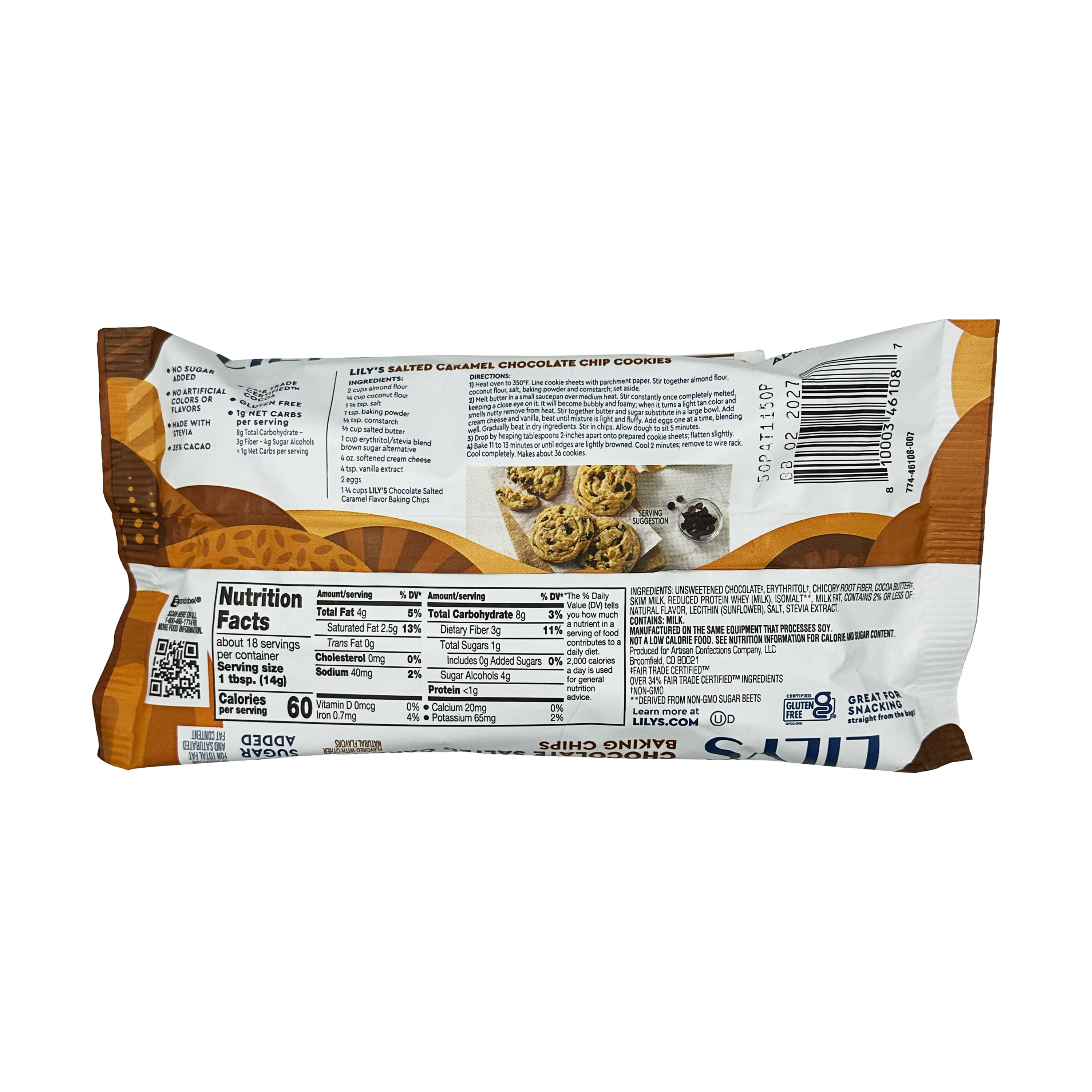 The back of a package of Lily's Salted Caramel Chocolate Chip Cookies displays nutritional information, ingredients, and a photo of the cookies, set against a simple white background.