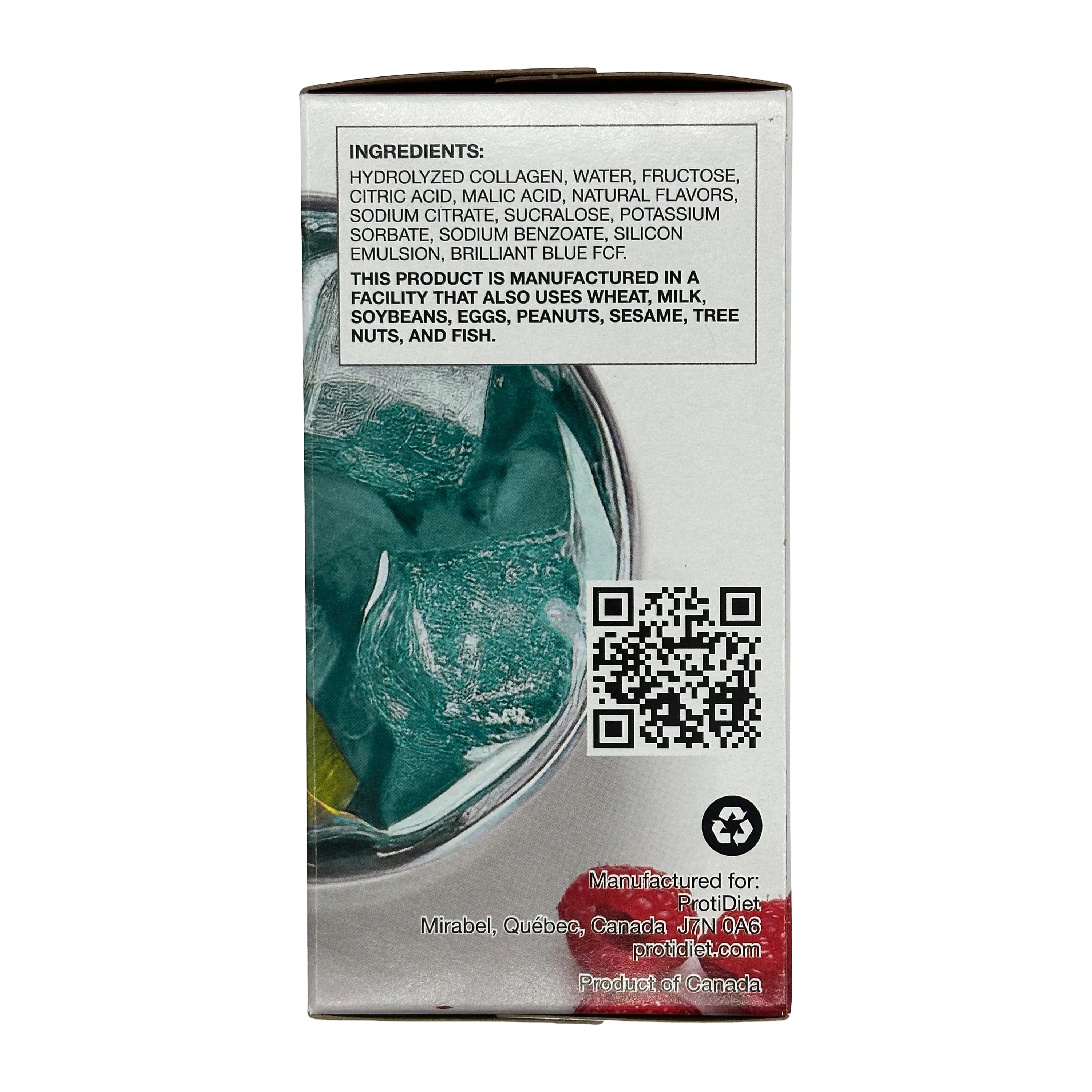 A close-up view of a product box featuring a colorful drink with ice, ingredient details, and a QR code, indicating it is manufactured in Mirabel, Quebec, Canada.