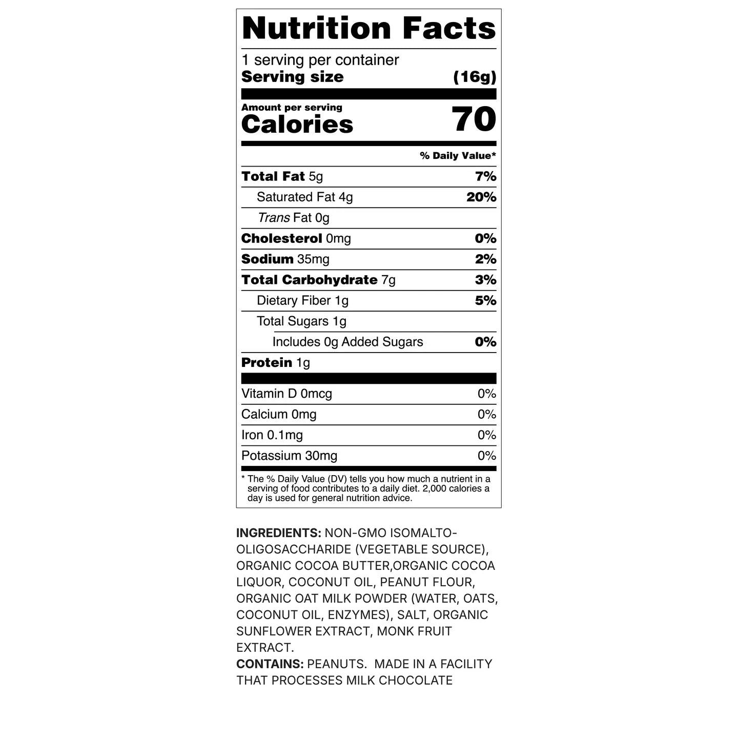 Nutrition facts label displaying information about a food product, including serving size, calories, and detailed nutrient content such as fats, carbohydrates, sugars, and protein, along with ingredient list.