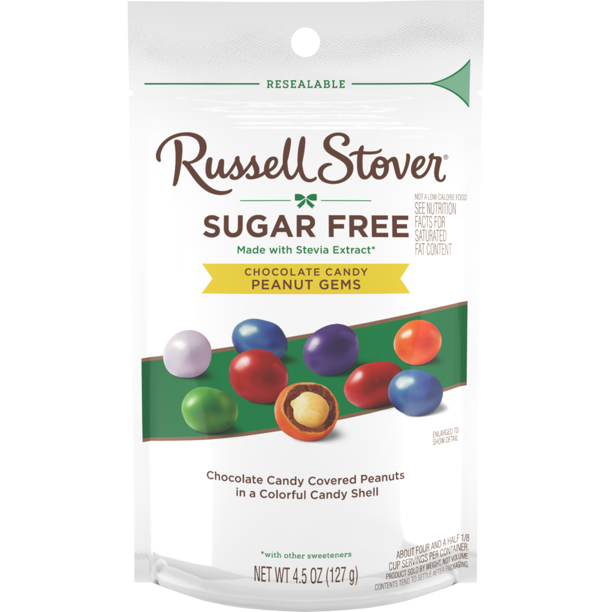 A resealable bag of Russell Stover Sugar Free Chocolate Candy Peanut Gems features colorful candy-coated peanuts, highlighting the product's sugar-free label and ingredients made with stevia extract.