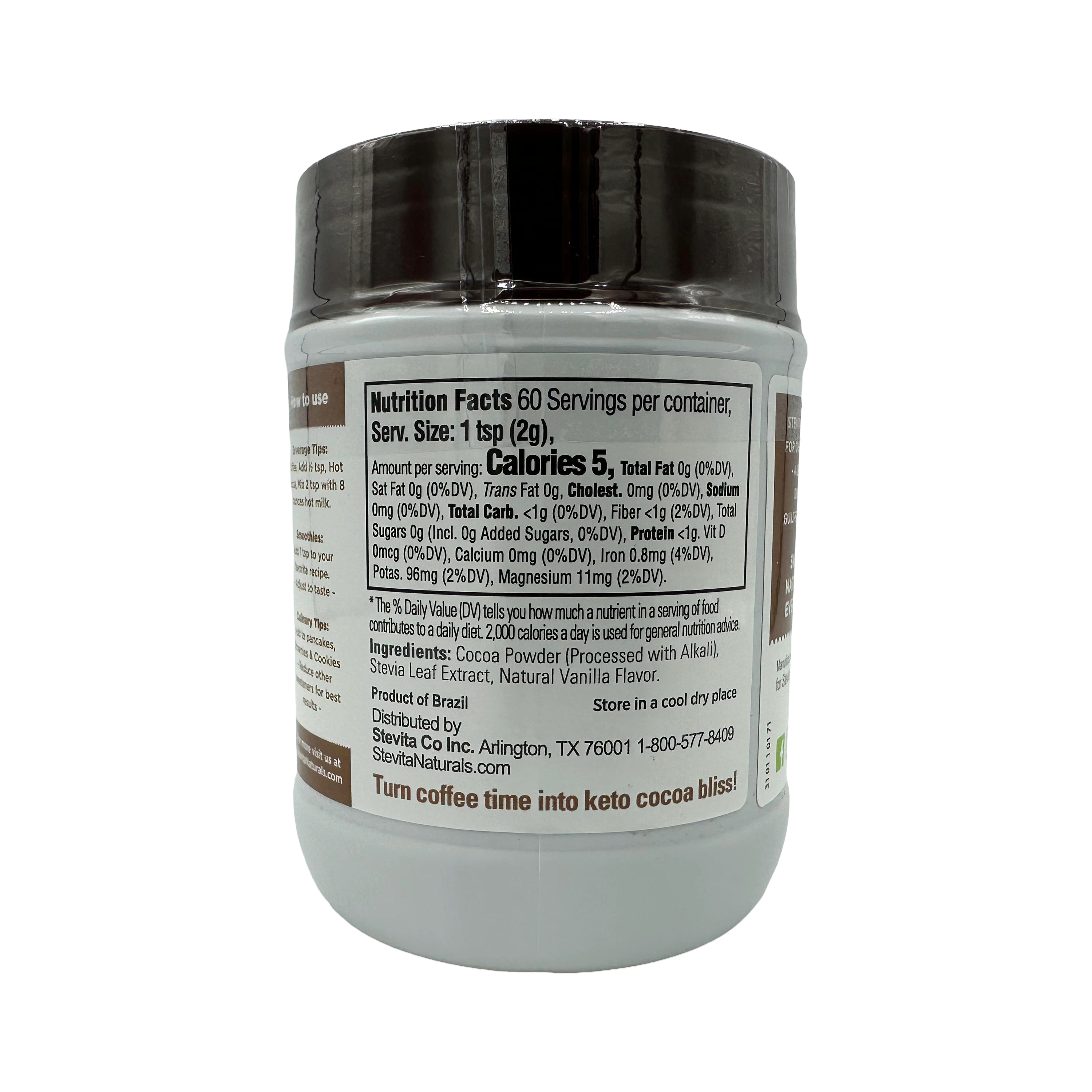 A white container with a brown lid displays nutrition facts and ingredients for a cocoa powder product, highlighting low calories and keto-friendly features, set against a dark background.